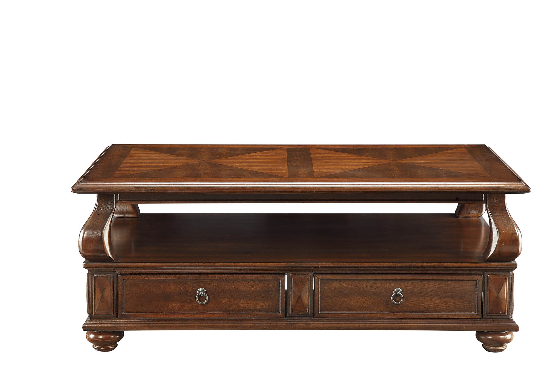 Ornate wooden coffee table with inlaid marquetry top and two drawers