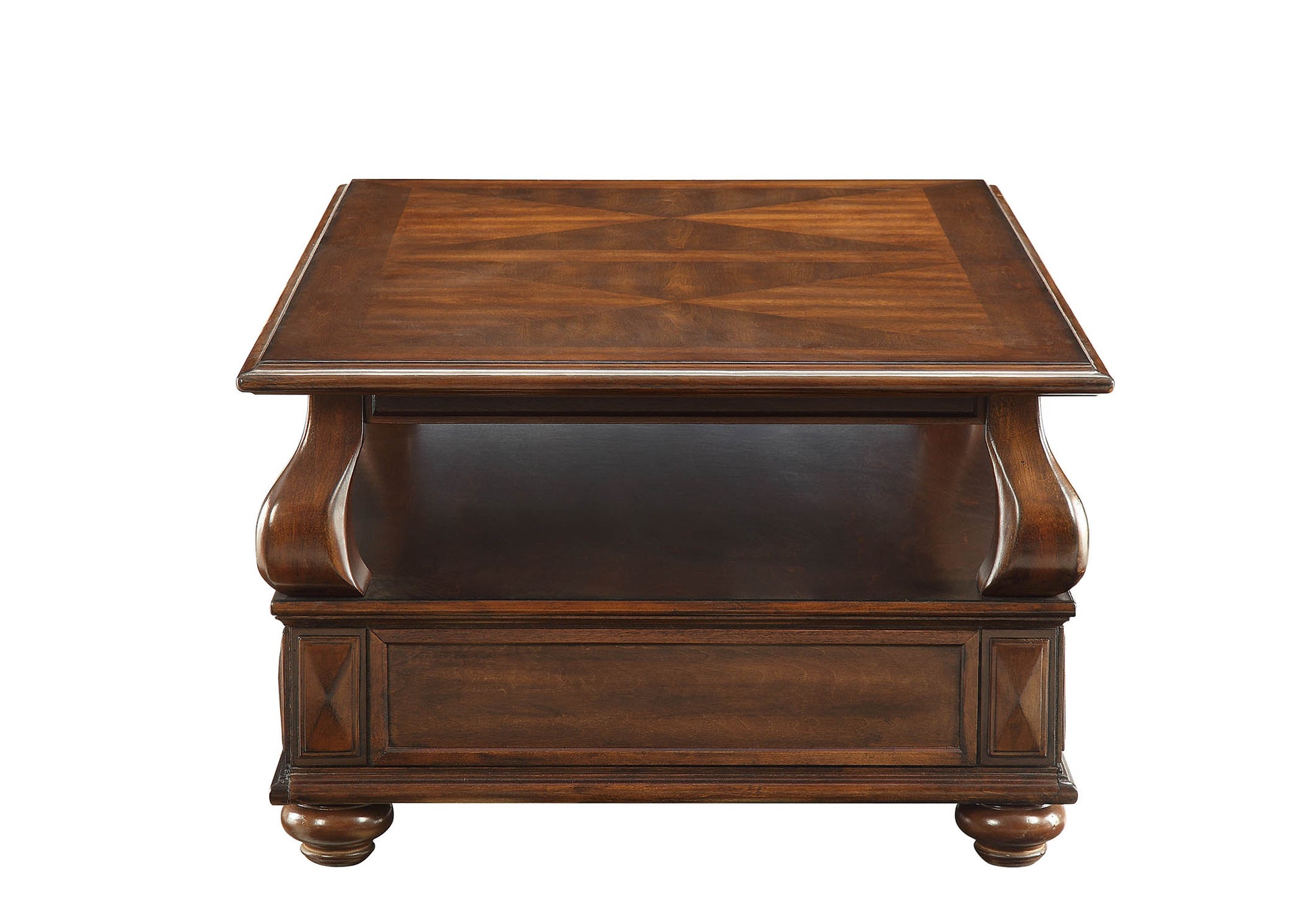 Dark mahogany end table with inlaid wood top and curved legs