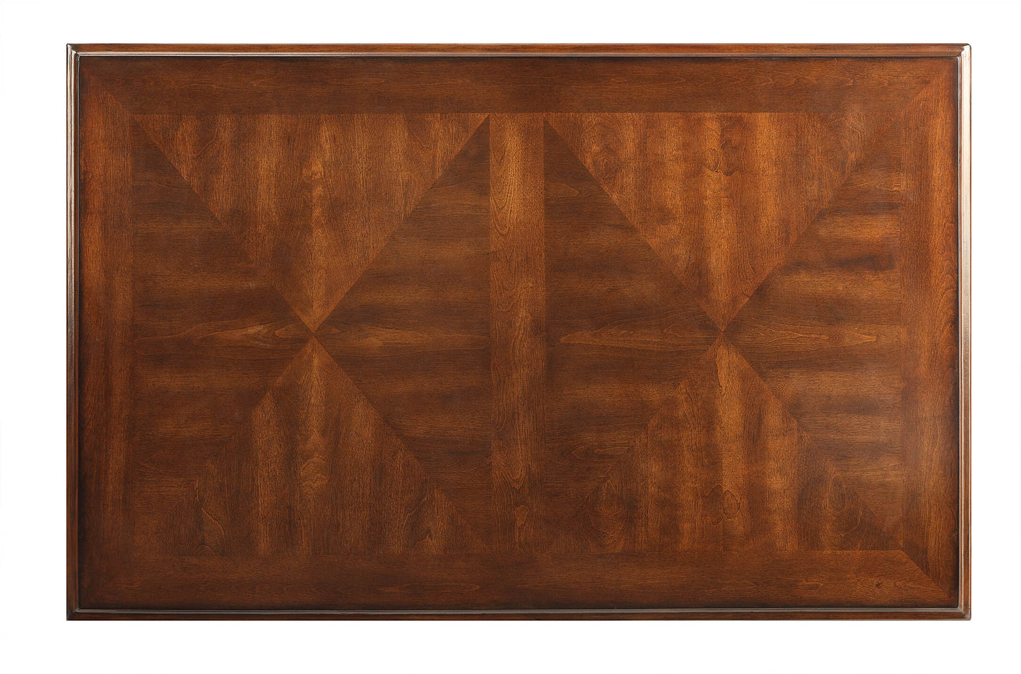 Mahogany wood dining table top with inlaid geometric pattern and beveled edge