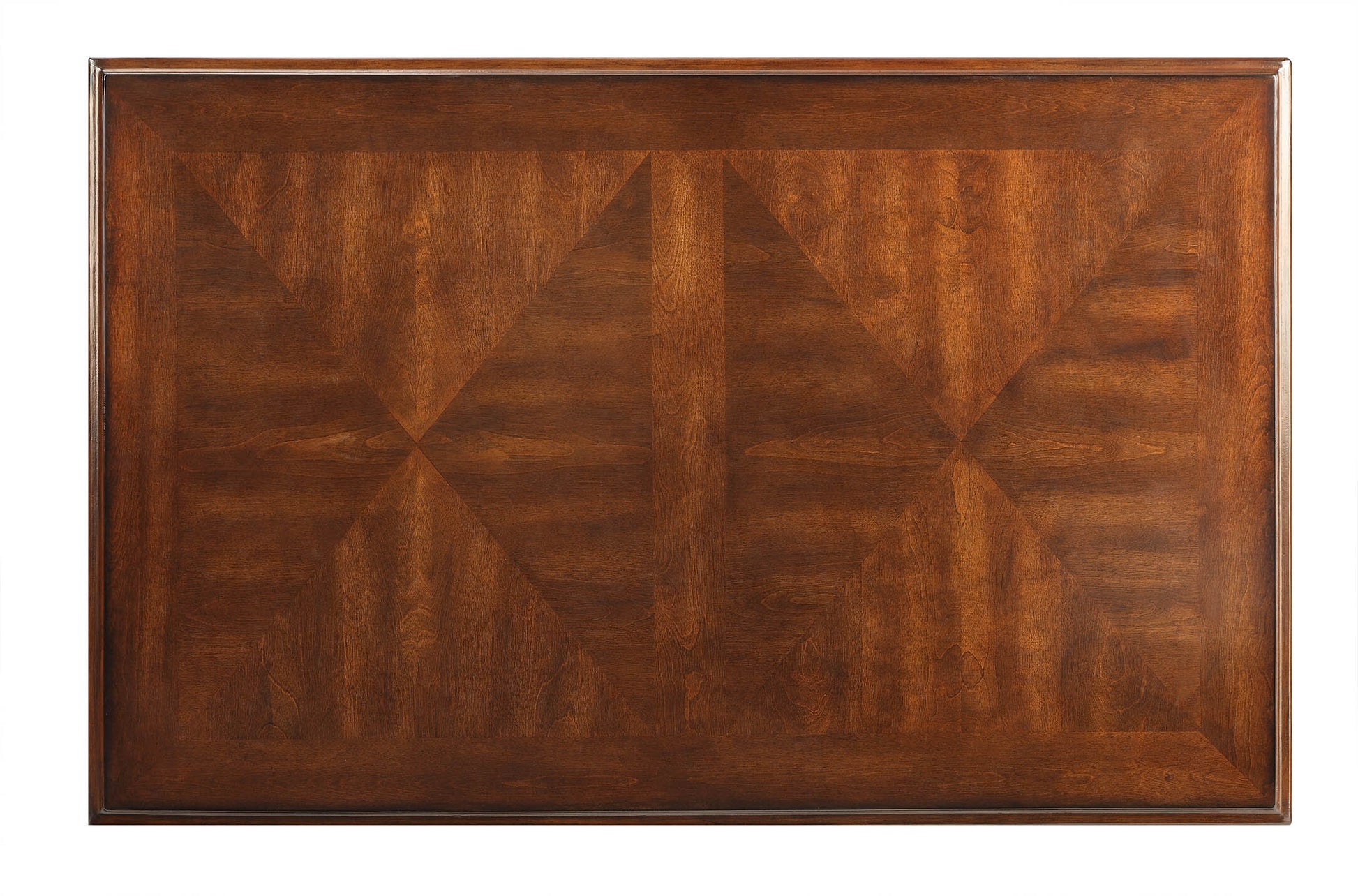 Mahogany wood dining table top with inlaid geometric pattern and beveled edge