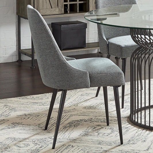 Modern grey upholstered dining chair with dark metal legs perfect for contemporary dining rooms