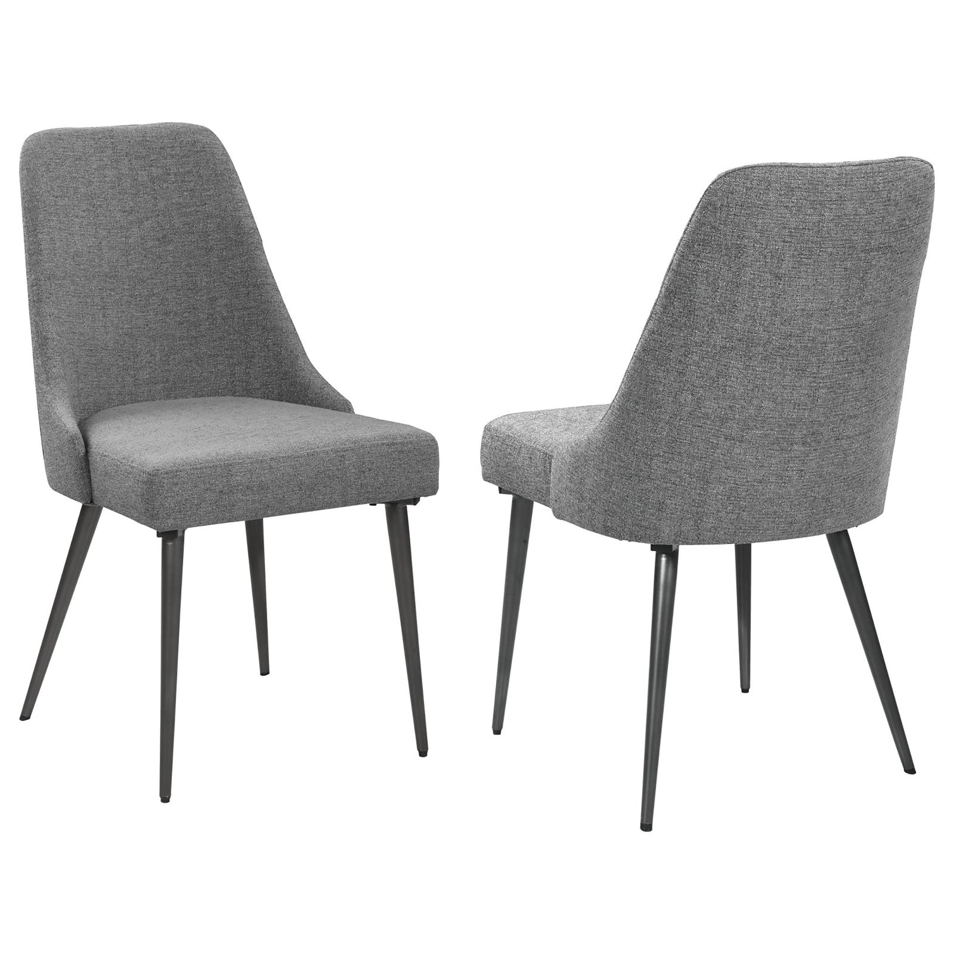 Gray upholstered dining chair with dark metal legs modern design