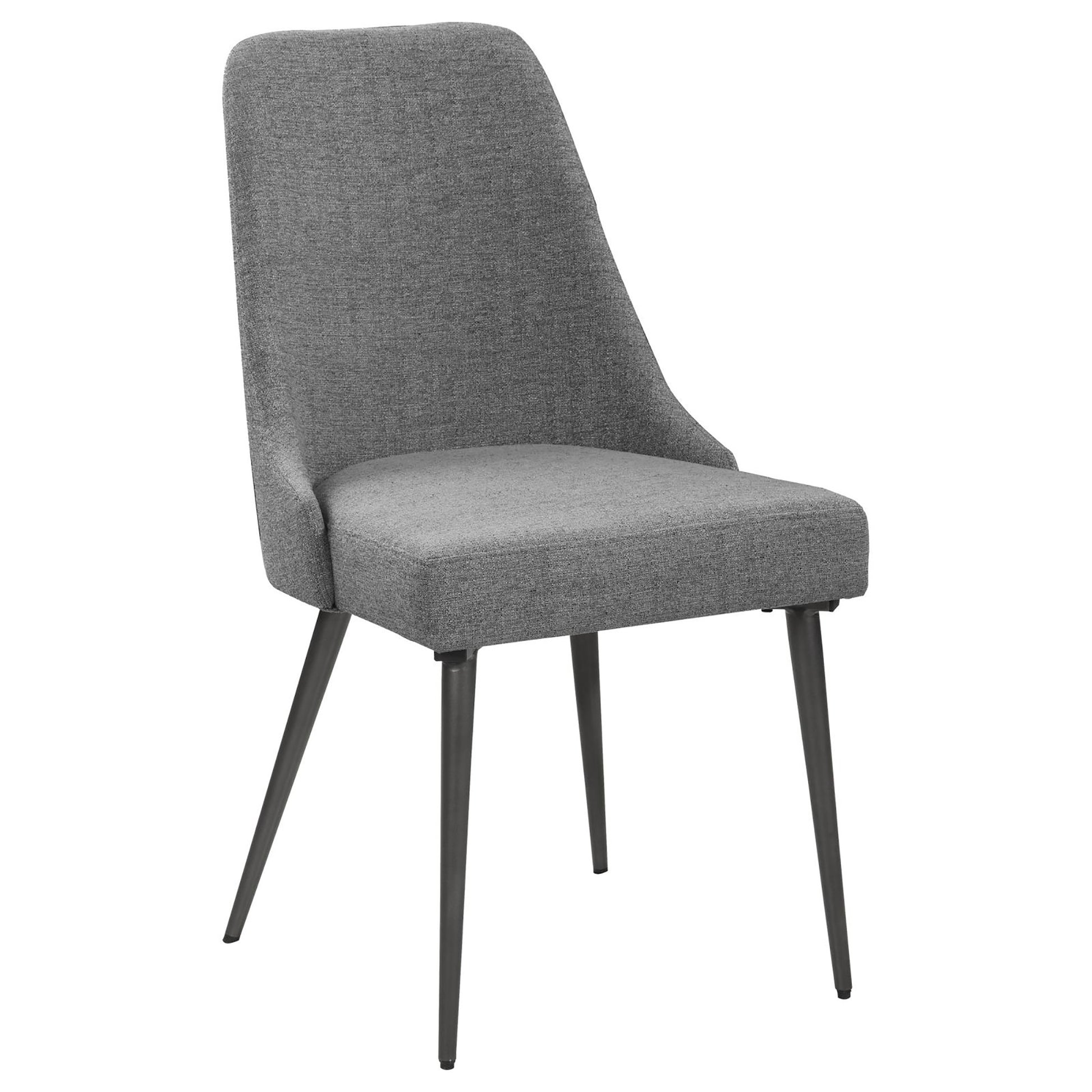 Grey fabric dining chair with sleek dark metal legs for modern kitchens