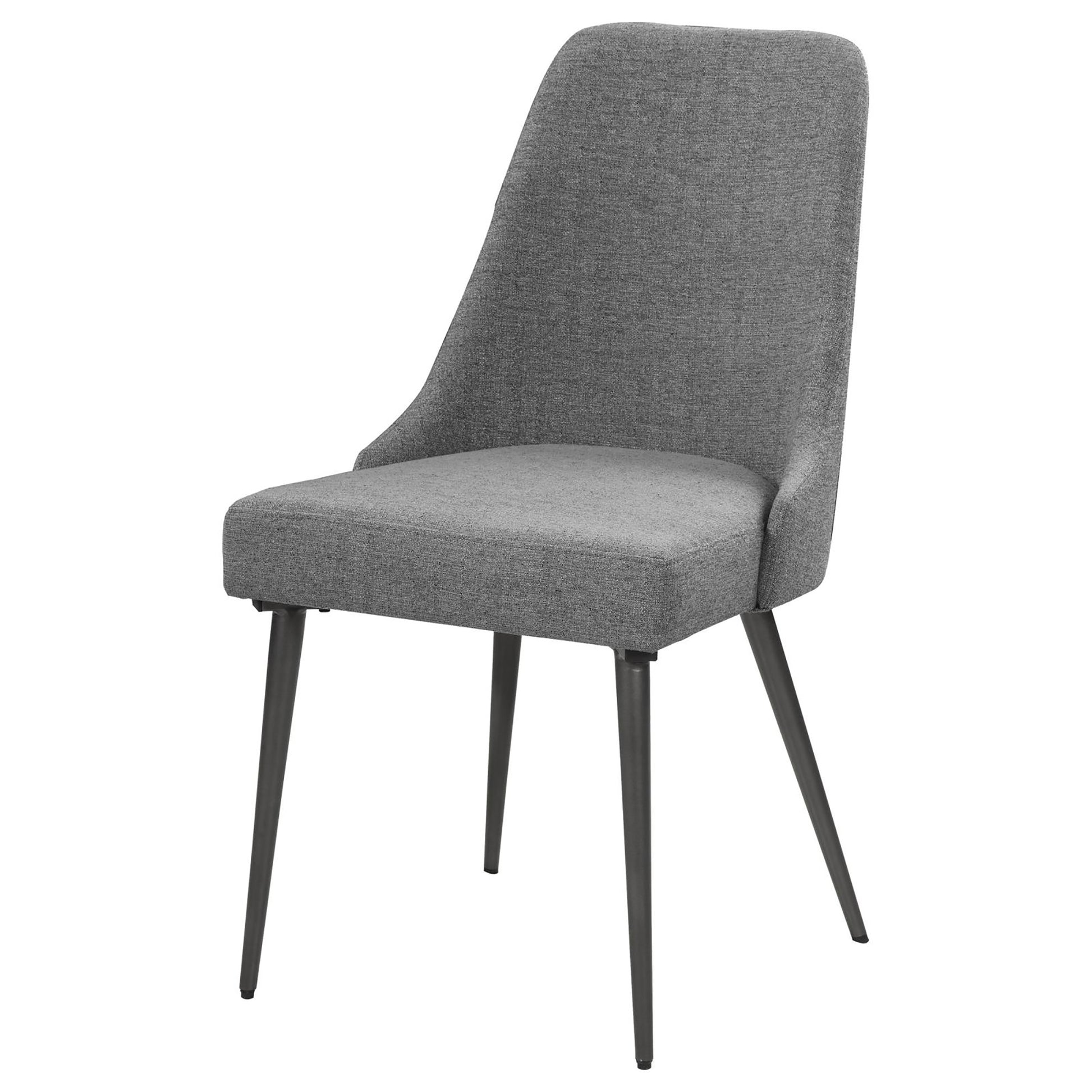 Gray upholstered dining chair with sleek dark metal legs for a modern aesthetic