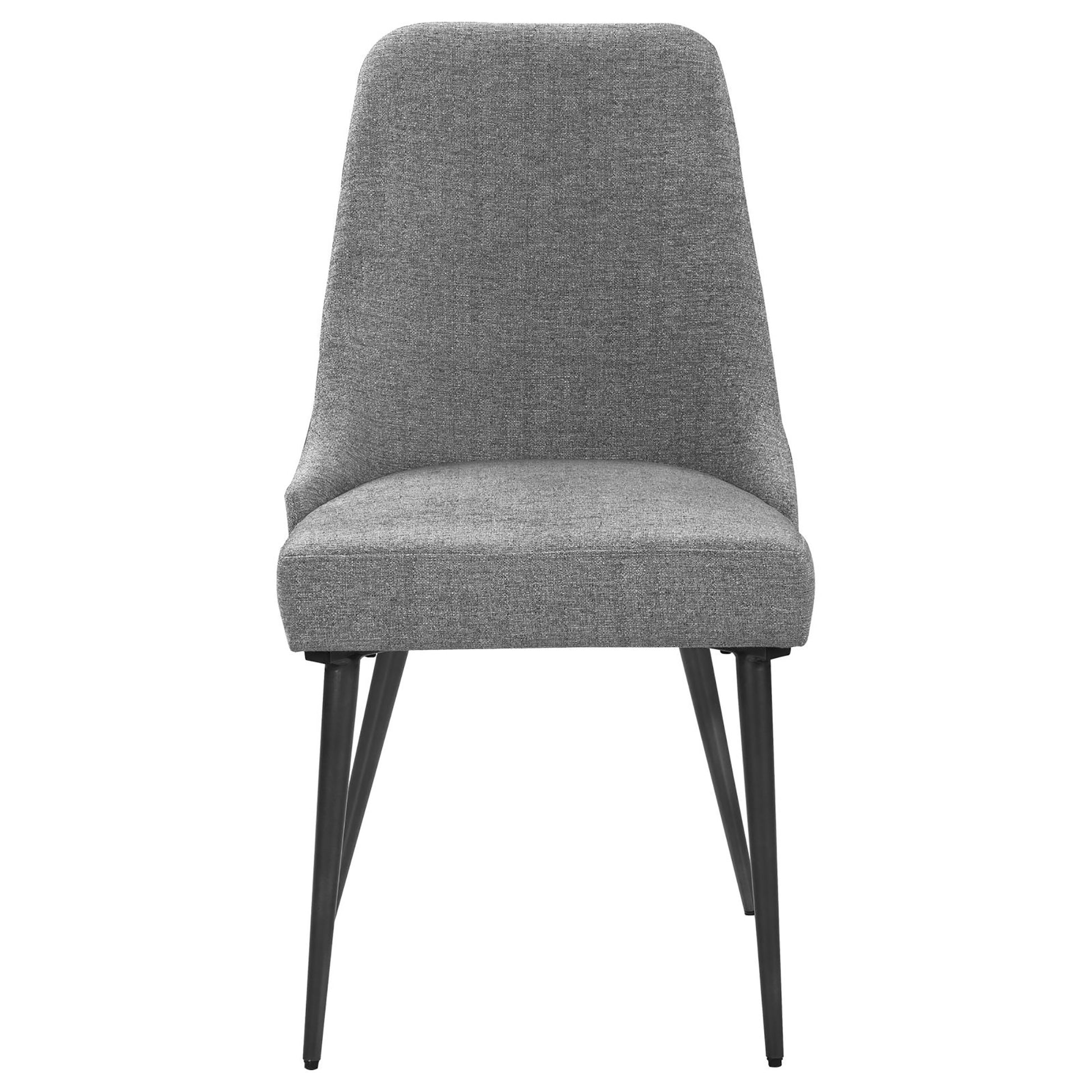Gray upholstered dining chair with tapered black metal legs