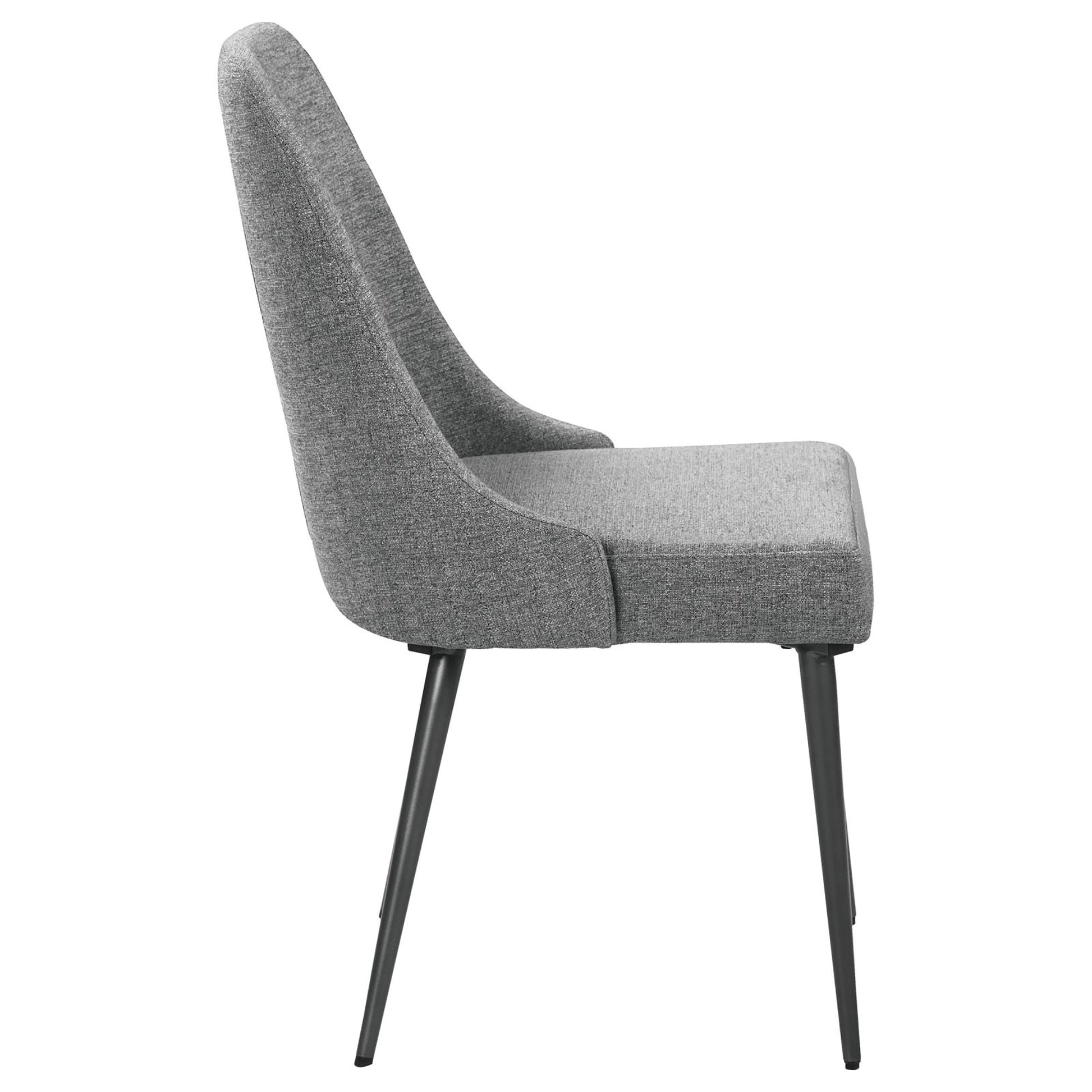 Gray fabric upholstered dining chair with black metal legs side view