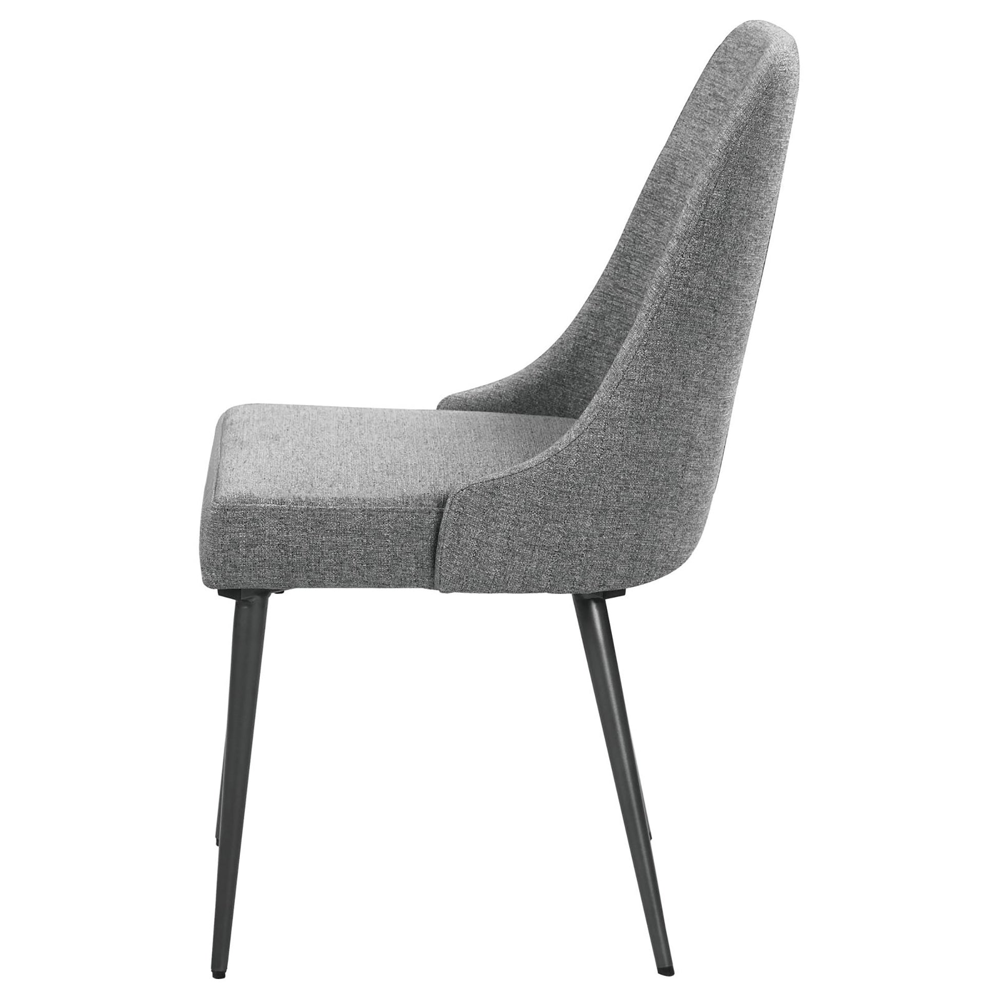 Modern grey fabric dining chair with black metal legs side view