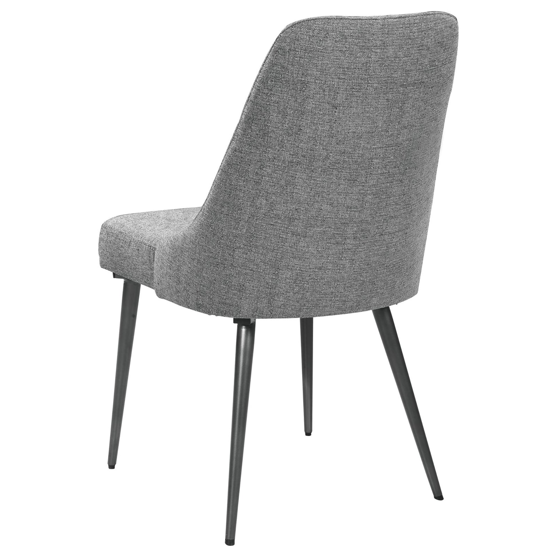 Back view of upholstered grey fabric dining chair with slender metal legs