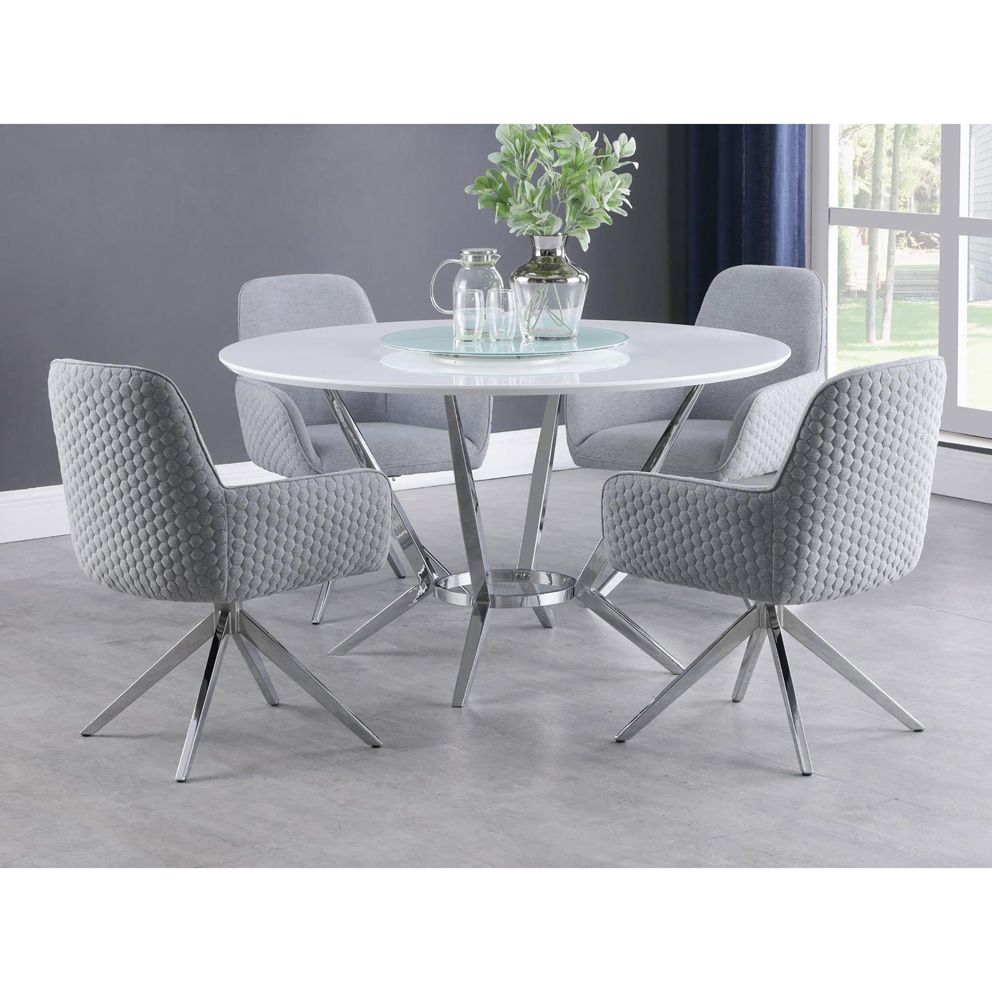 Modern gray upholstered dining chairs with textured honeycomb pattern and chrome swivel base