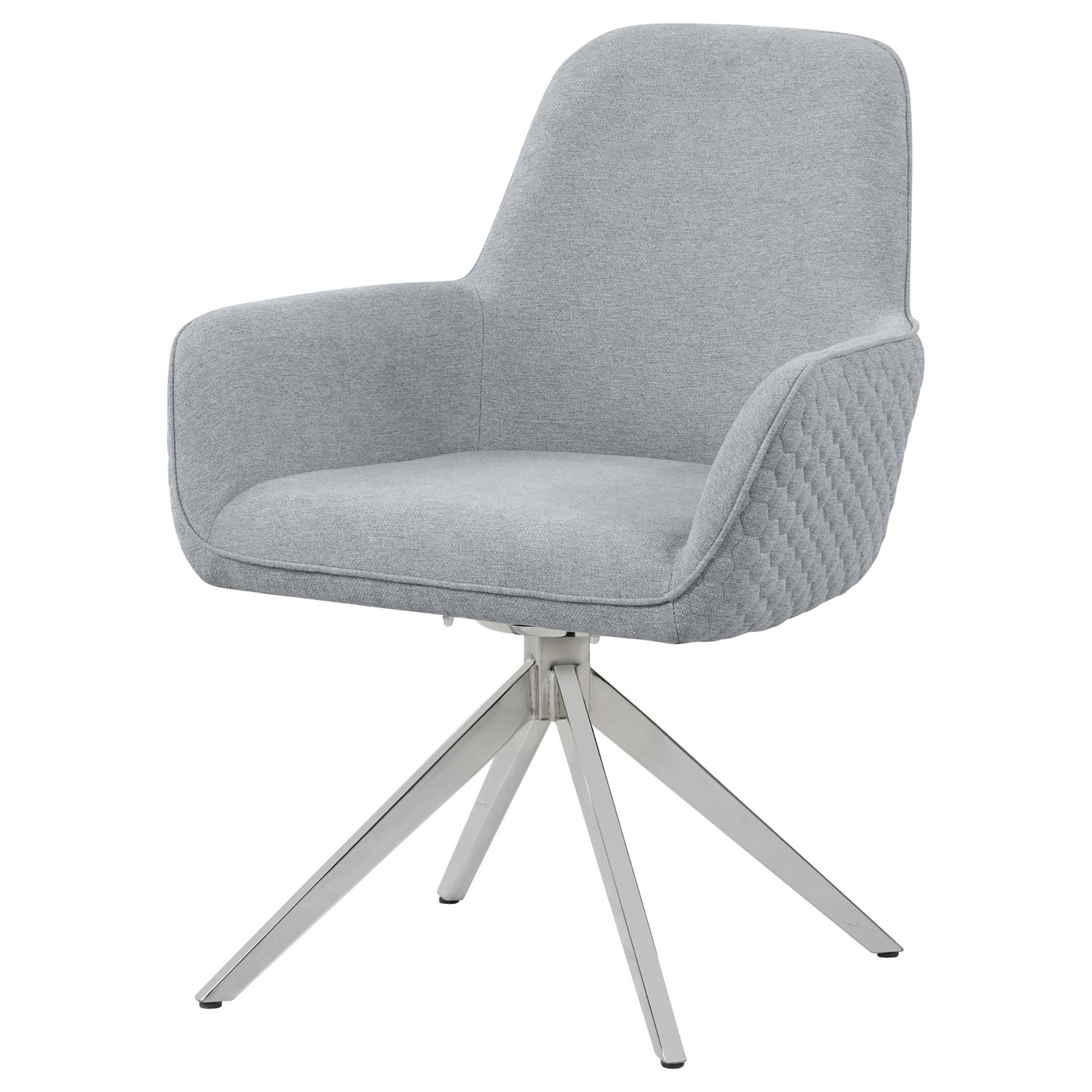 Grey fabric accent chair with quilted arms and a polished chrome swivel base