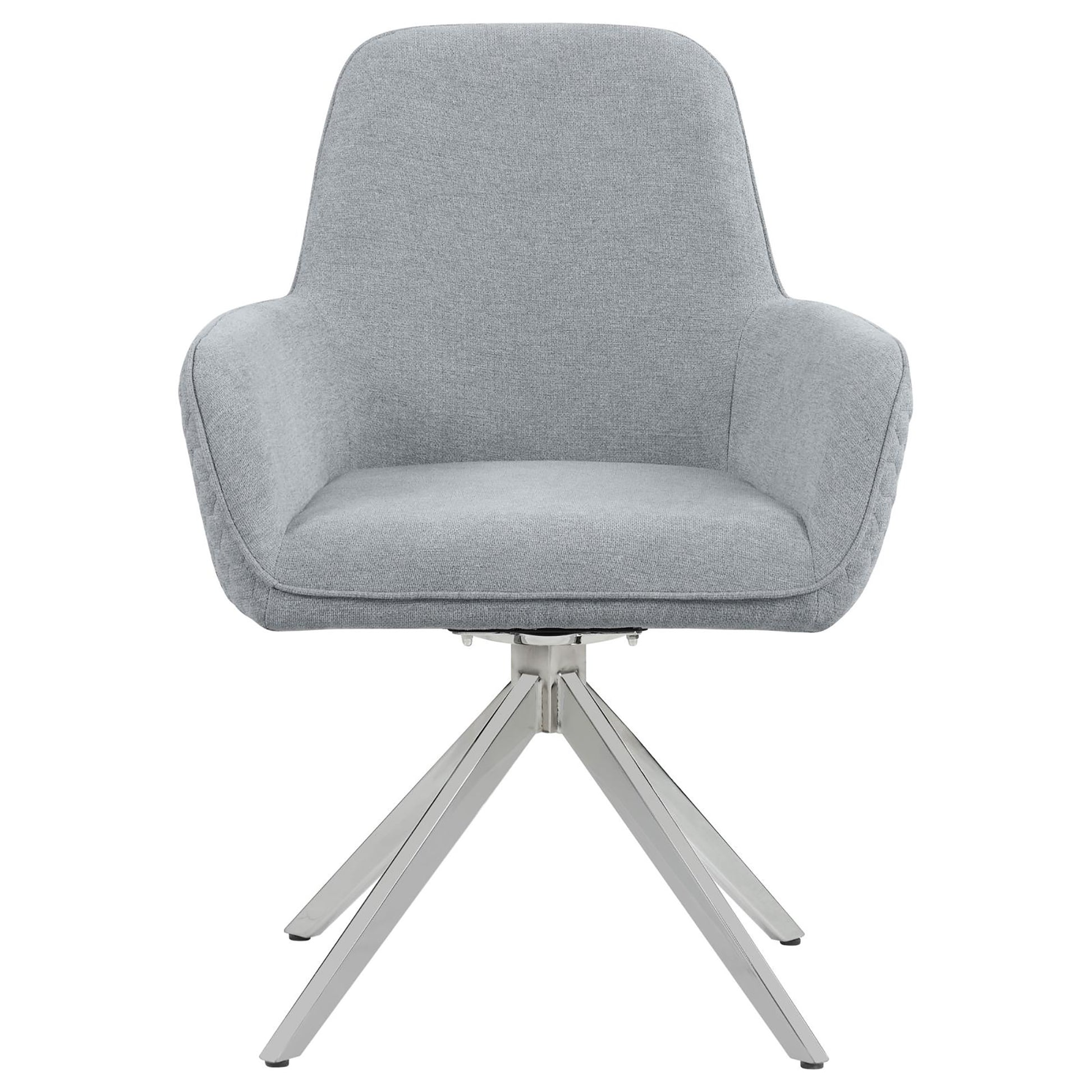 Gray upholstered office chair with a swivel base and modern design
