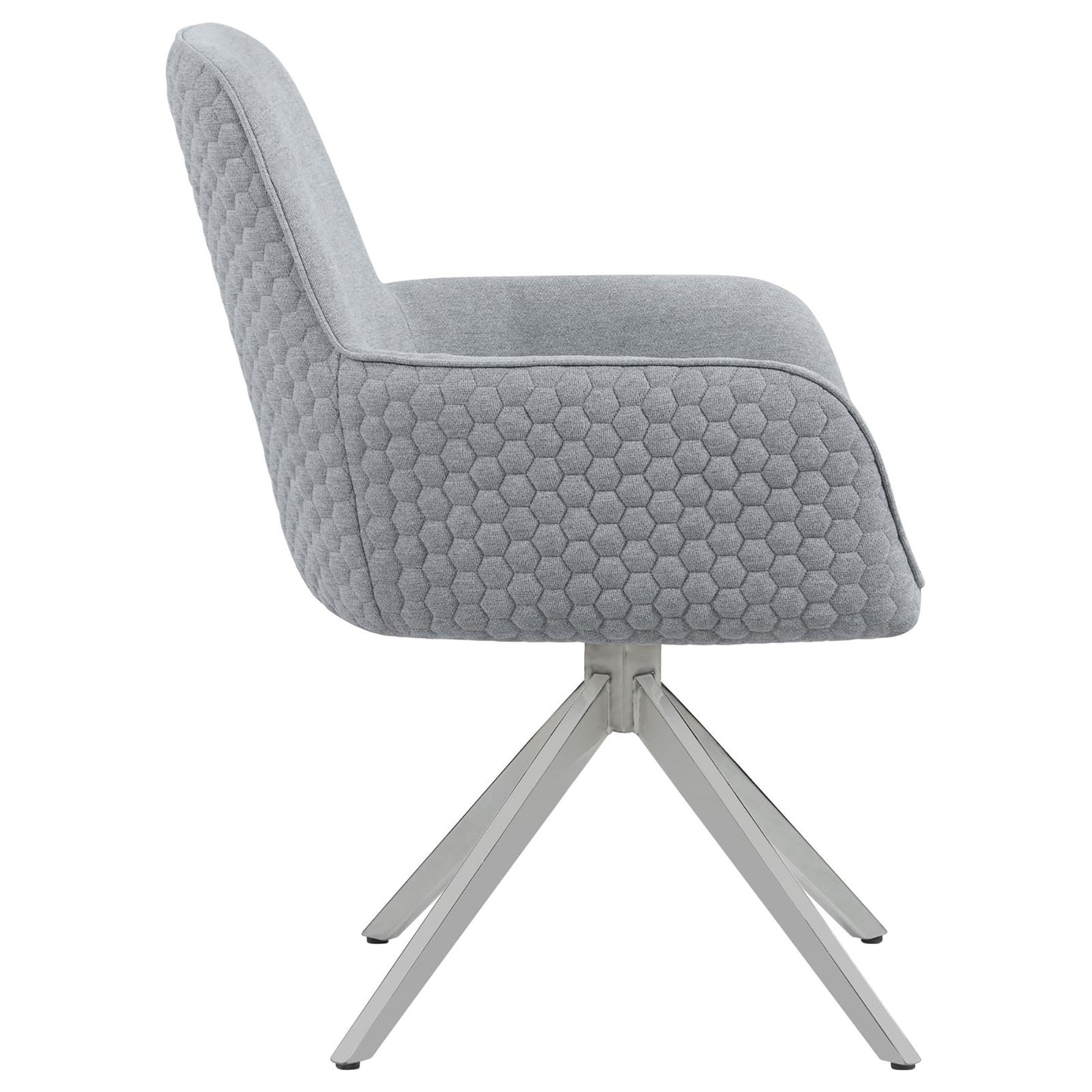 Gray upholstered accent chair with hexagonal quilting and modern chrome base