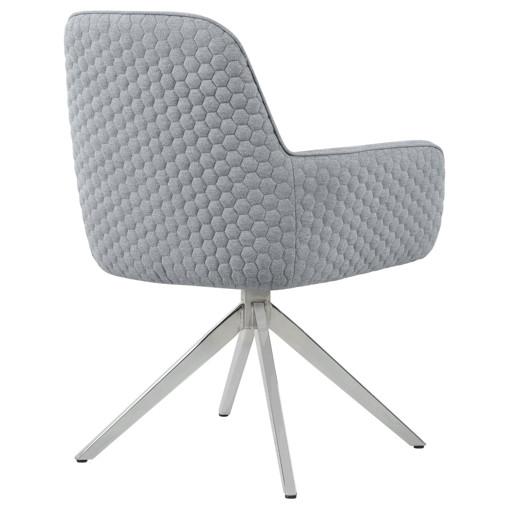 Gray upholstered accent chair with hexagonal stitching and a polished chrome swivel base