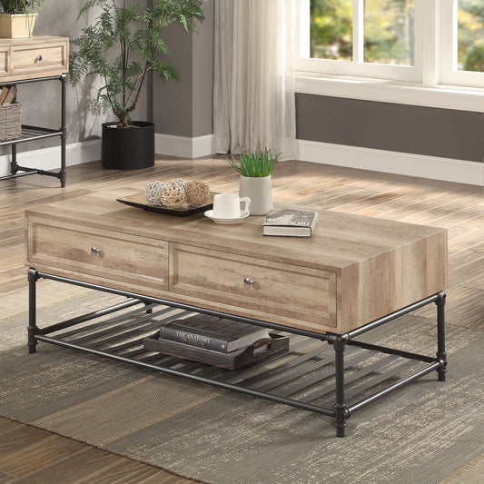 Rustic wood coffee table with two drawers and metal pipe legs