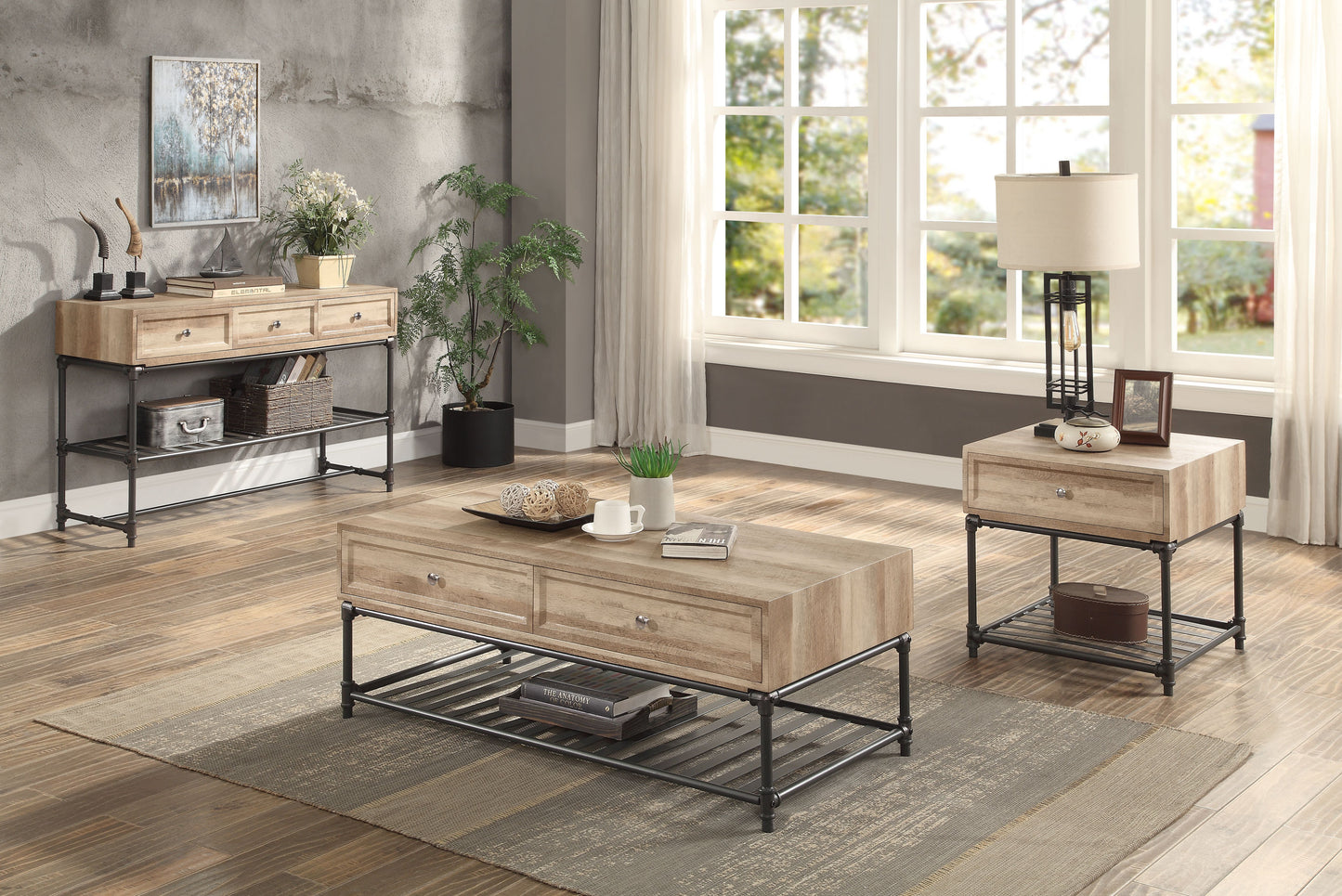 Rustic oak coffee table with metal frame featuring two drawers and a slatted bottom shelf for storage