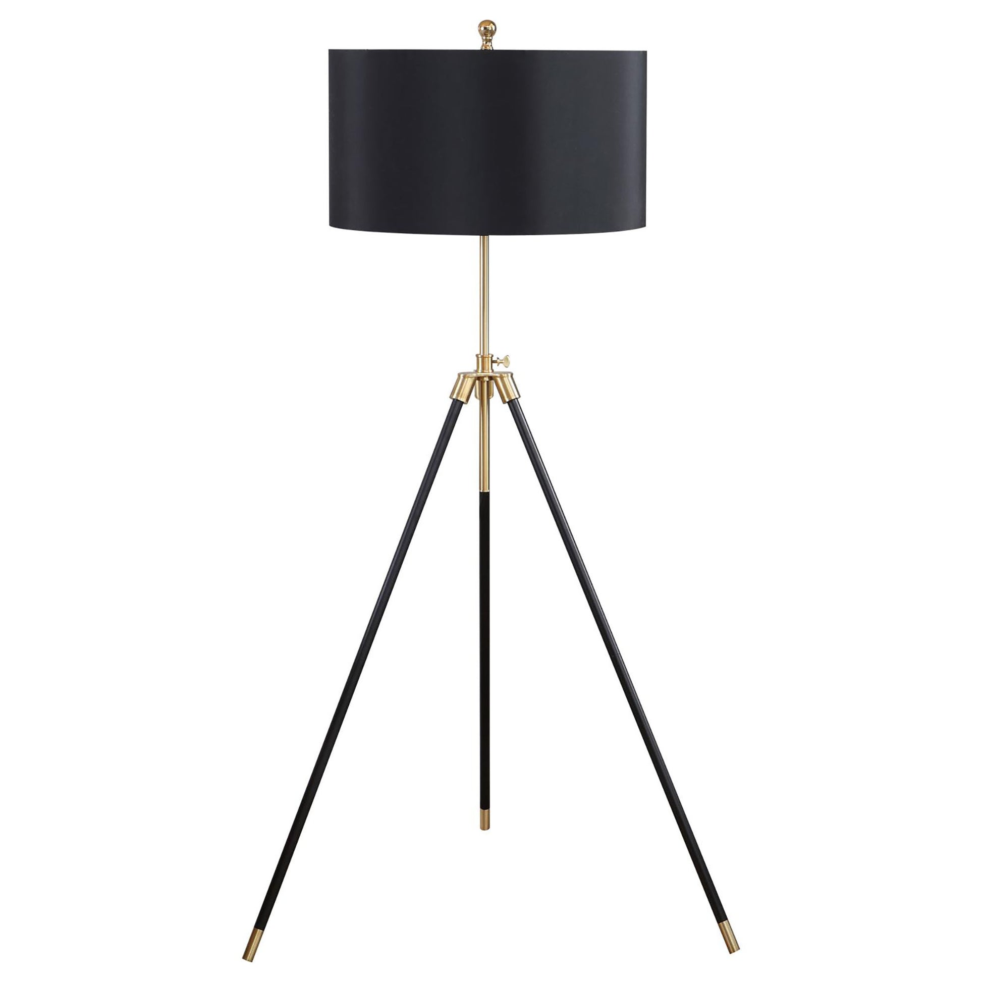 Modern tripod floor lamp with black shade and gold accents