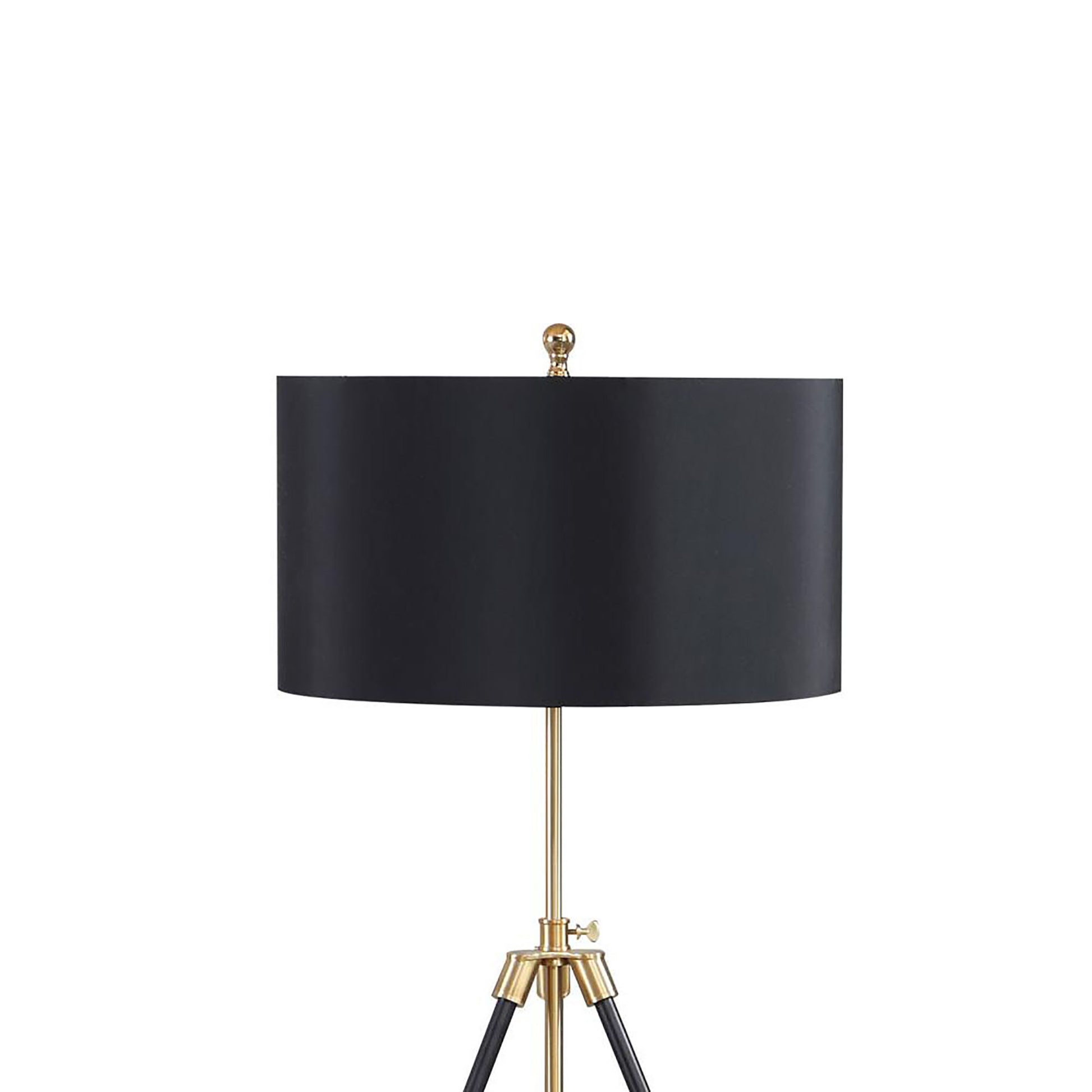 Elegant black drum shade floor lamp with gold tripod base and accents
