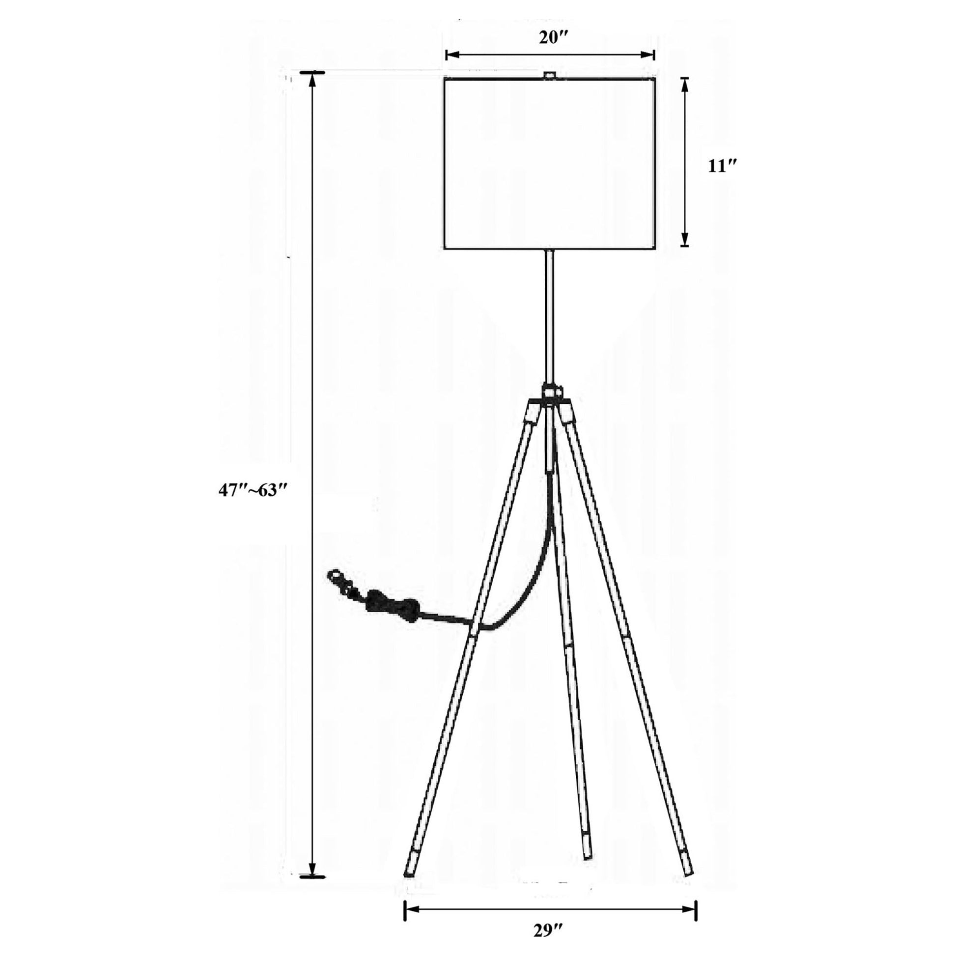 Line drawing of a tall tripod floor lamp with a rectangular shade