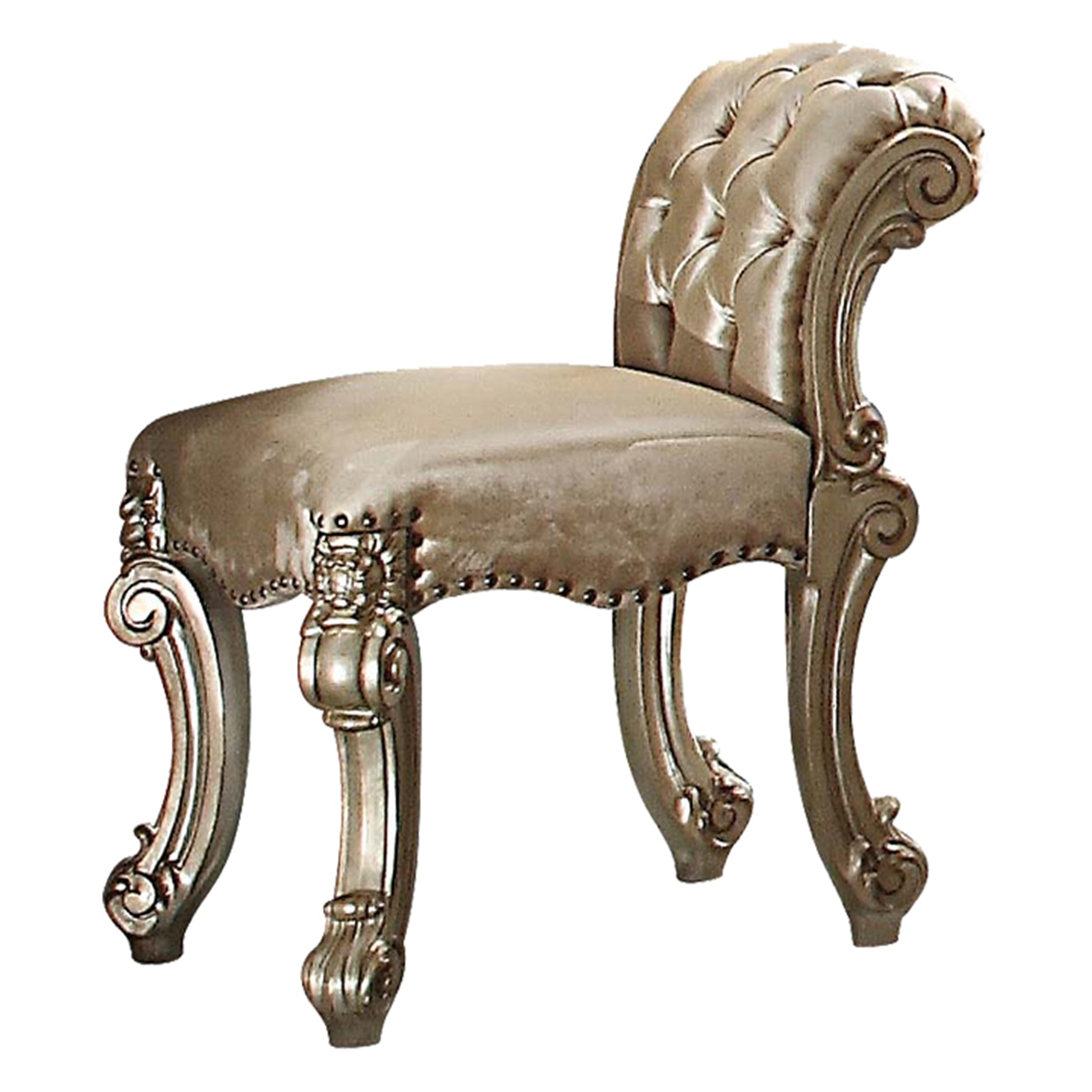 Antique silver tufted vanity stool with ornate carved legs