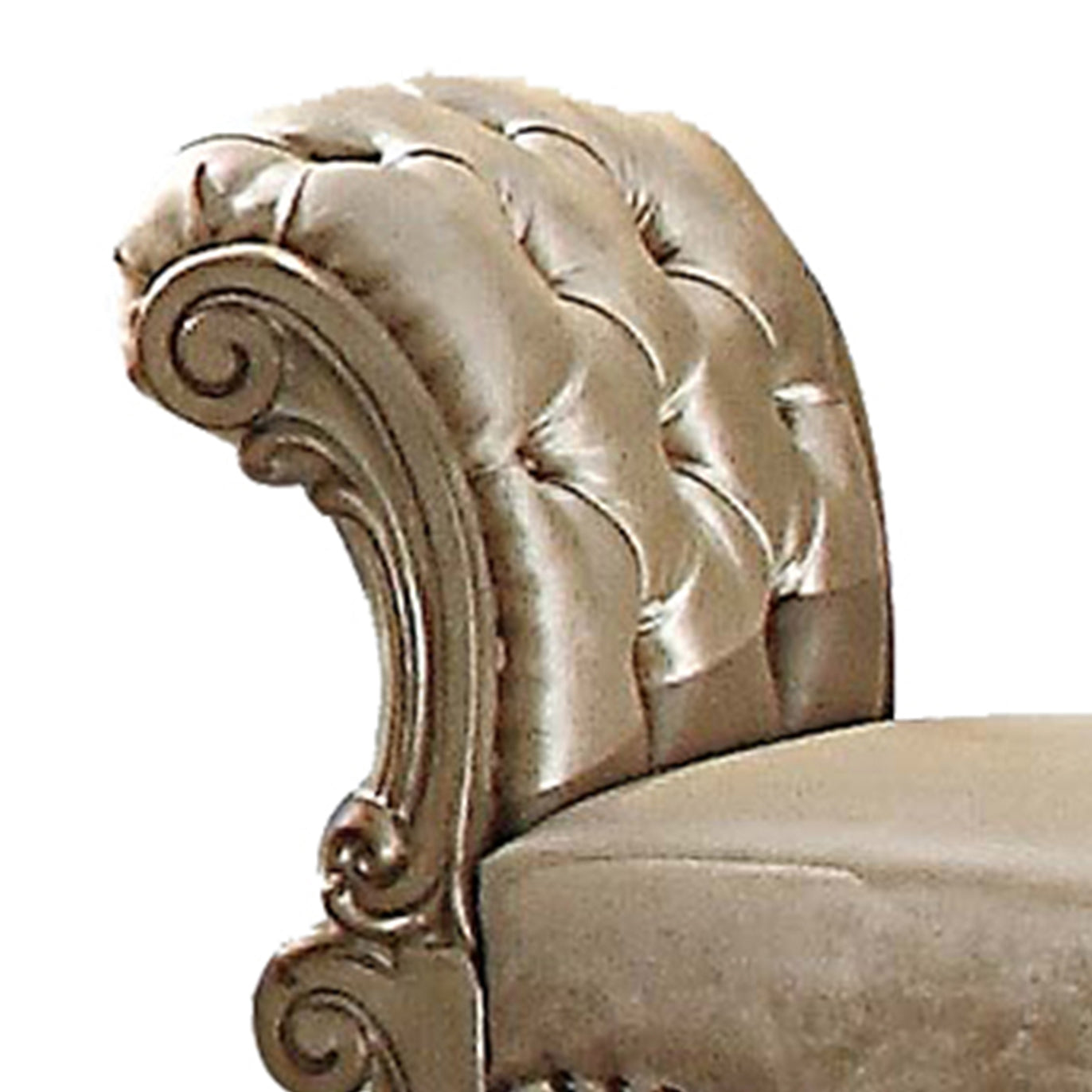 Elegant tufted velvet bench armrest with ornate scrollwork detail