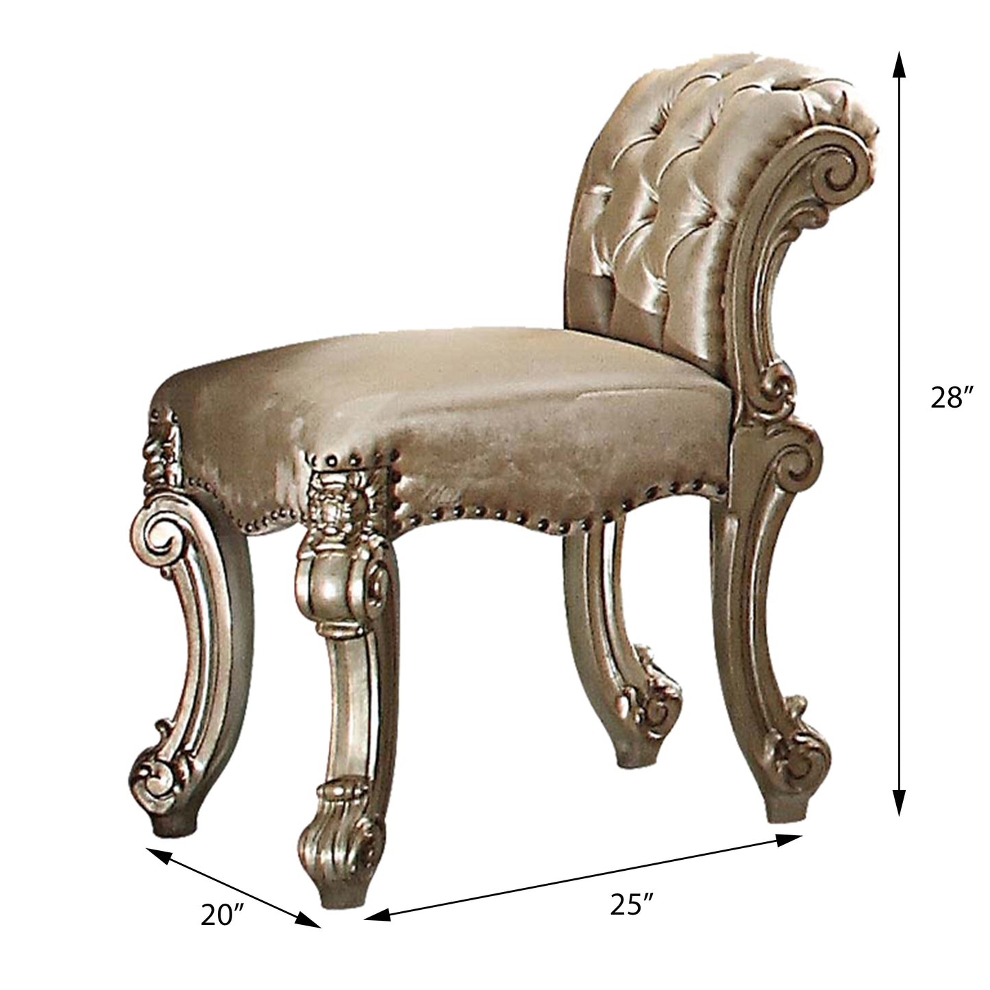 Ornate silver vanity chair with tufted back and carved legs  H