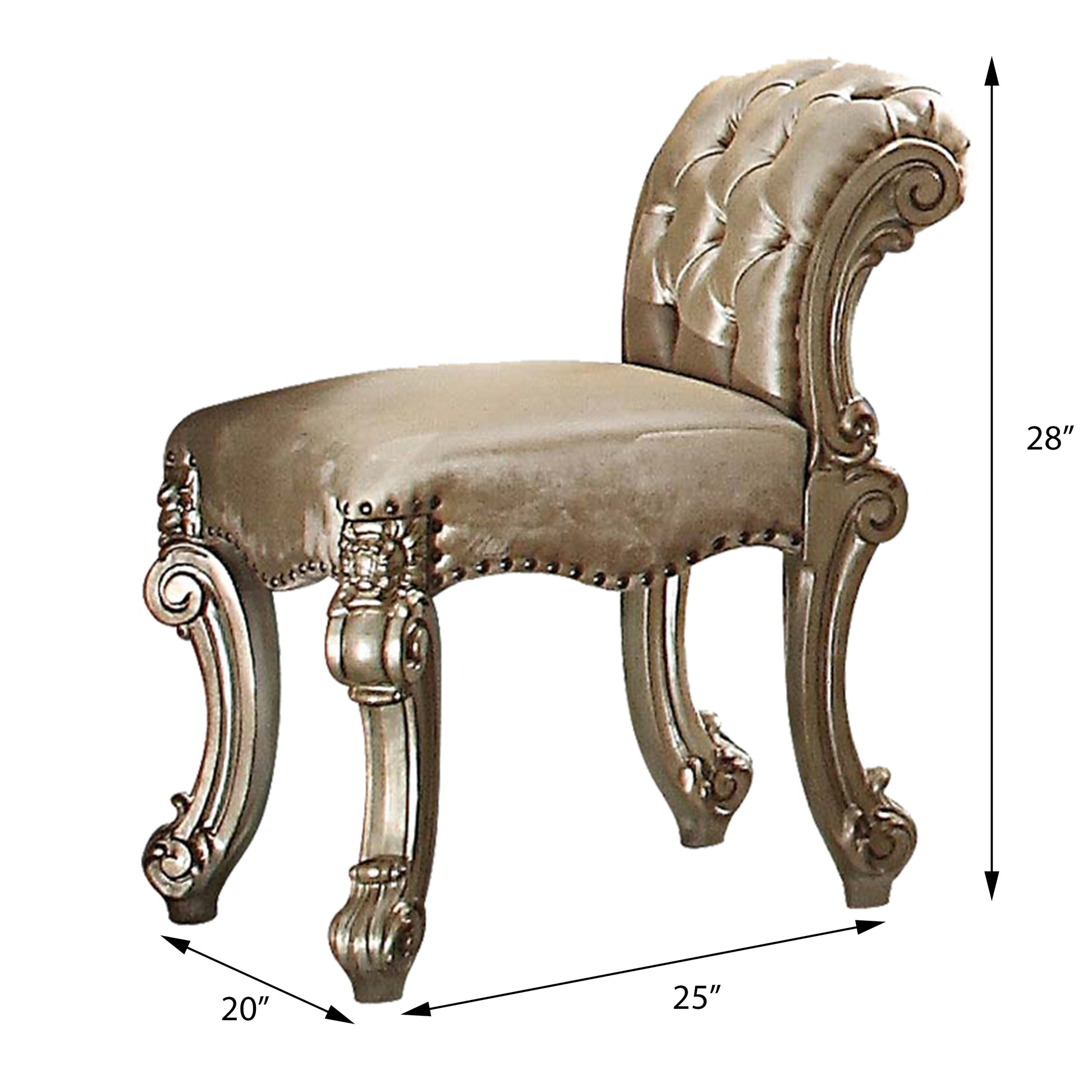 Ornate silver vanity chair with tufted back and carved legs  H