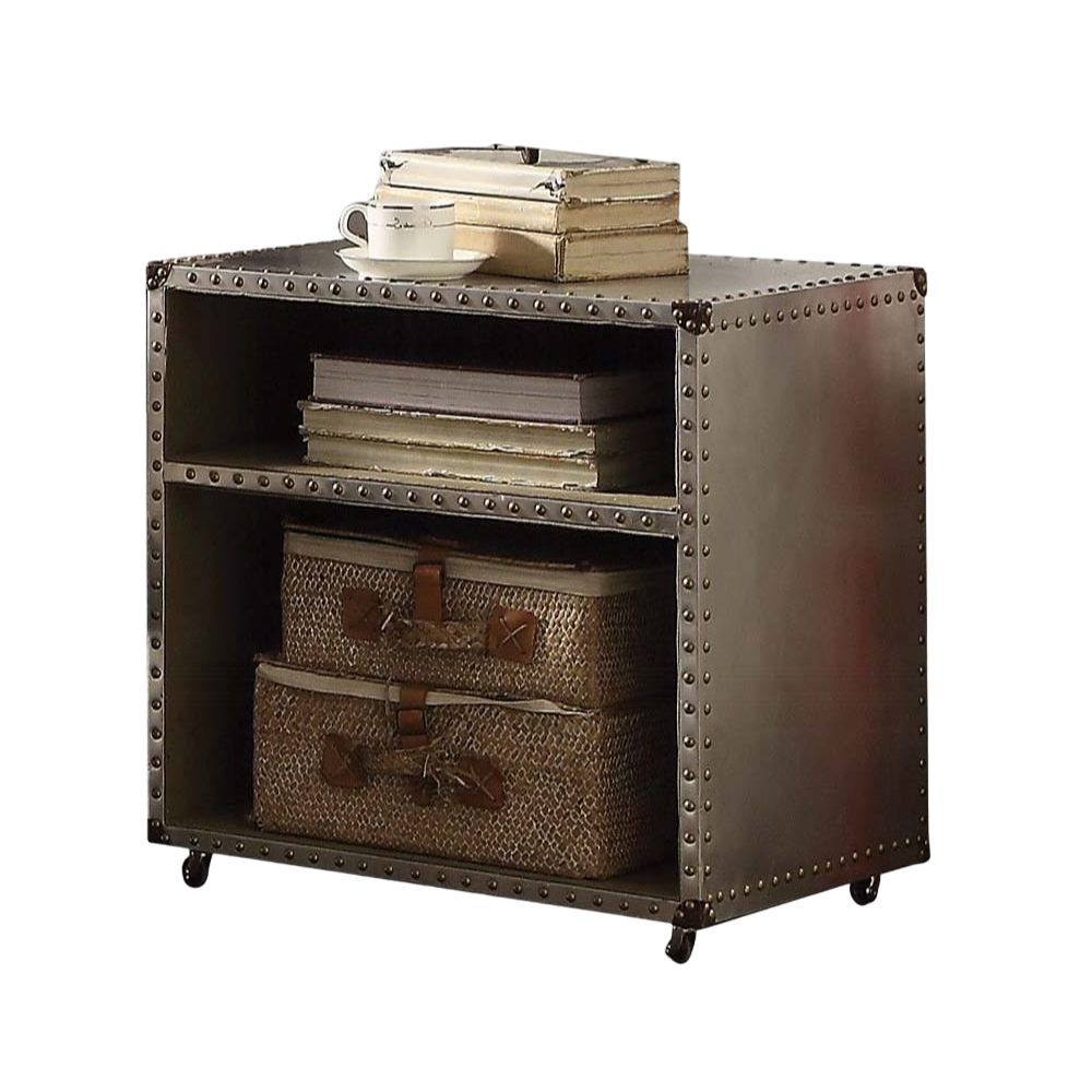 Industrial metal accent cabinet with rivet detailing and two storage baskets