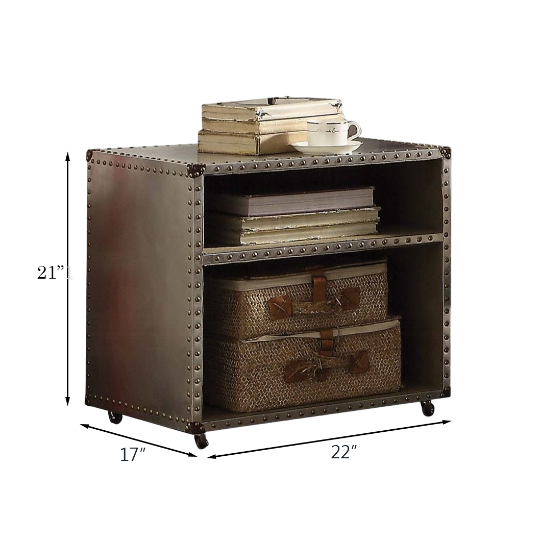 Industrial metal side table with two open shelves wheels and rivet details