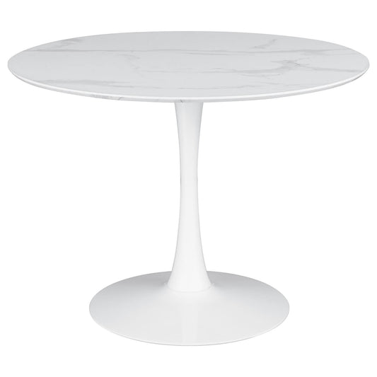 White marble tulip dining table round top single pedestal base