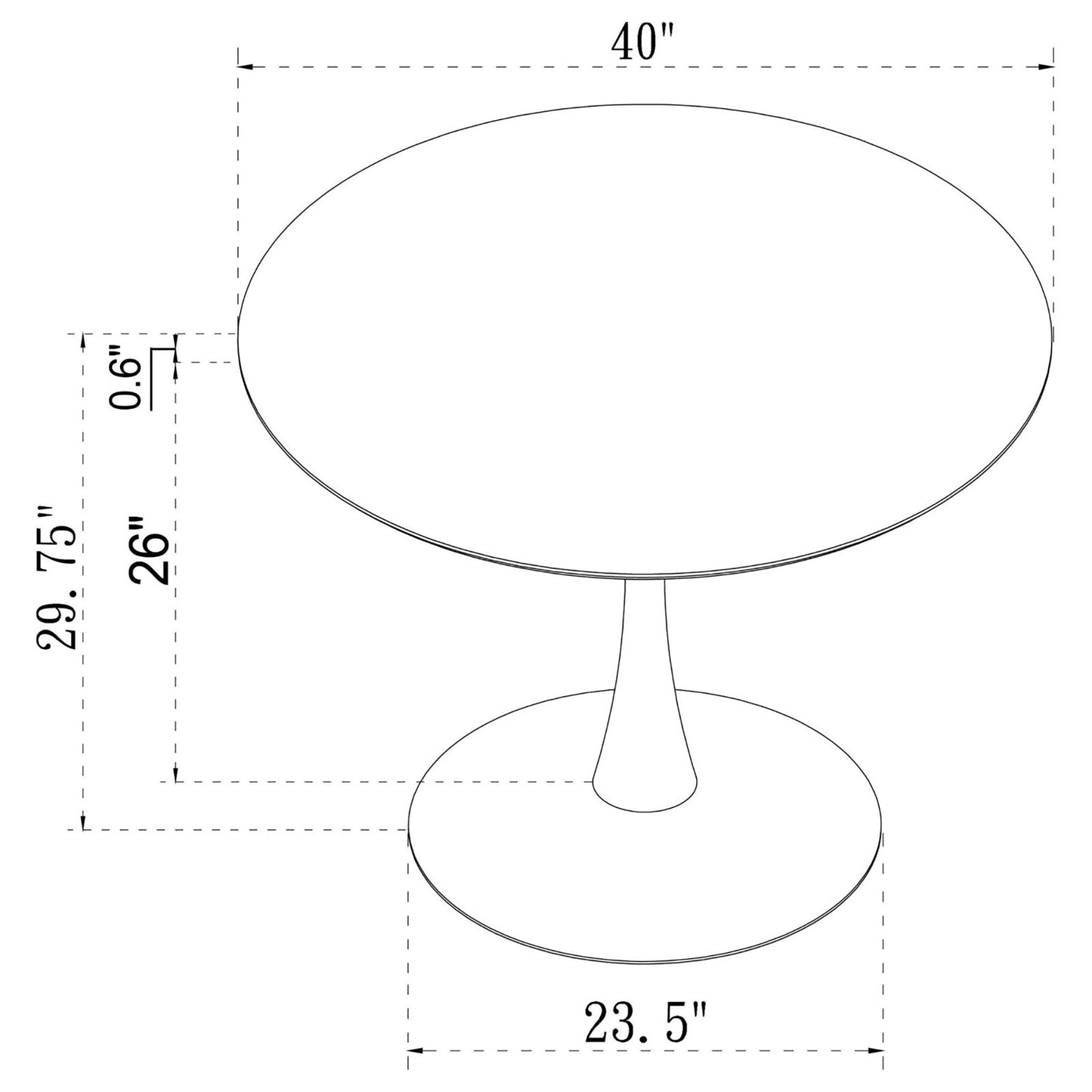 Technical drawing of a inch round dining table with pedestal base