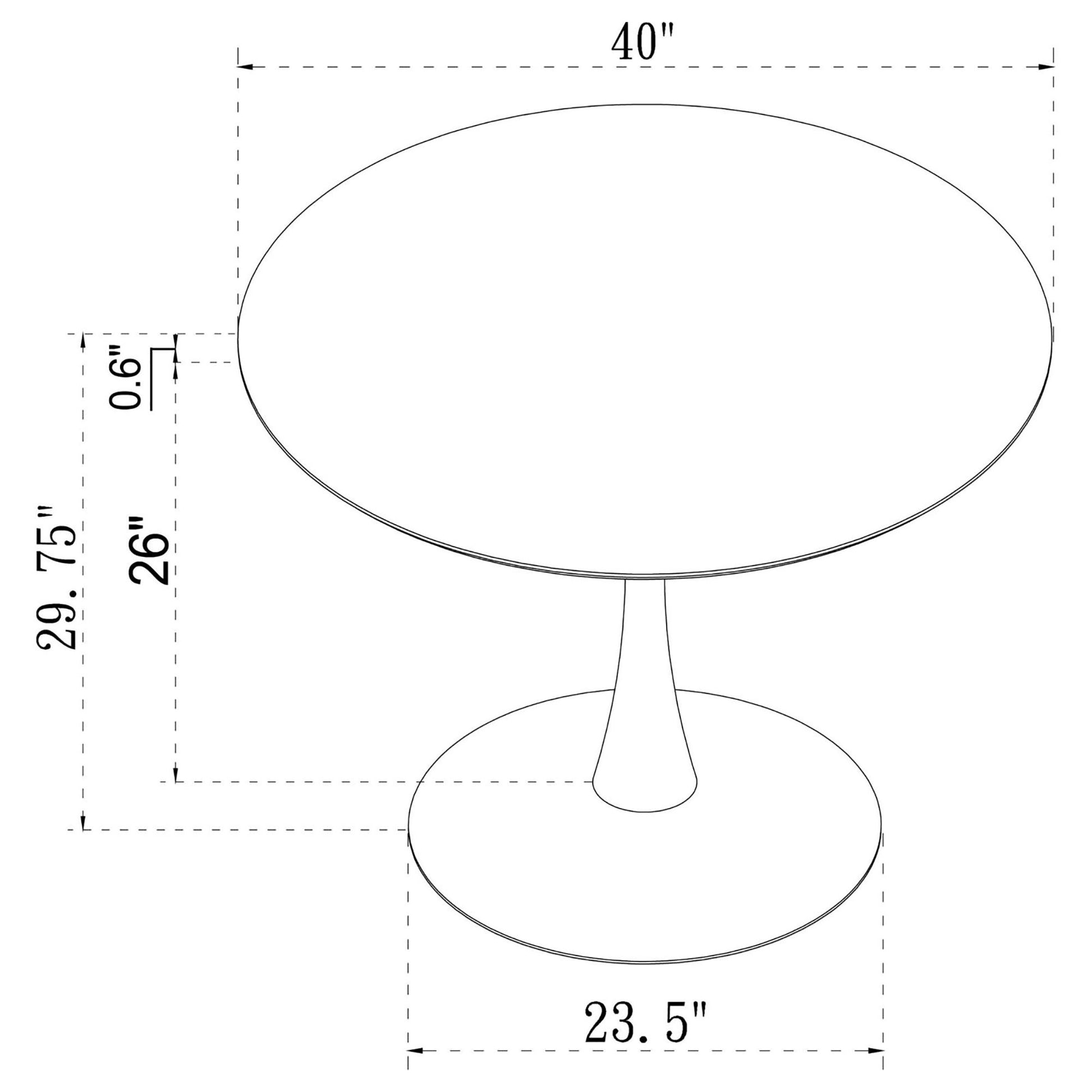 Technical drawing of a inch round dining table with pedestal base