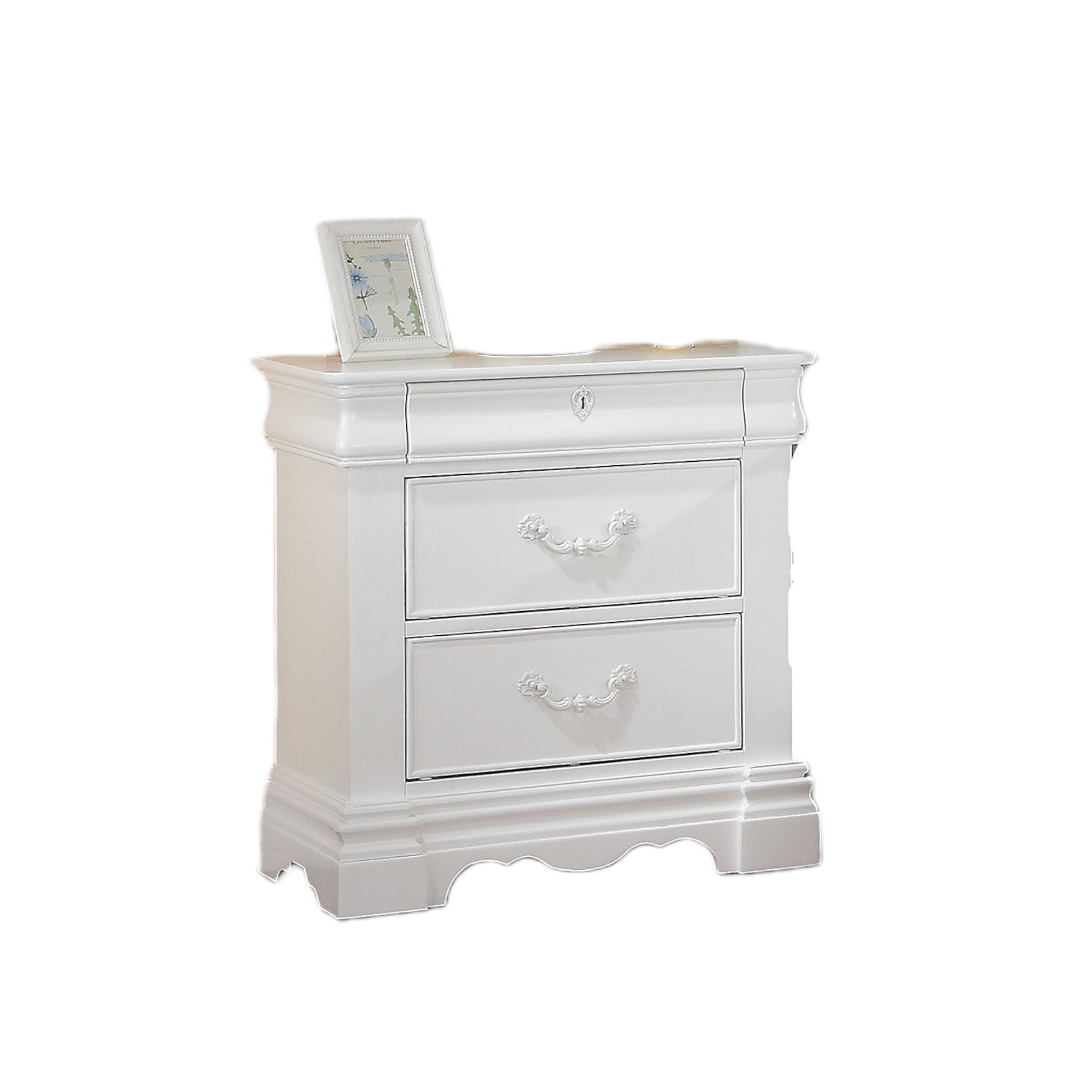Elegant white bedside table with two ornate drawers and decorative pull handles