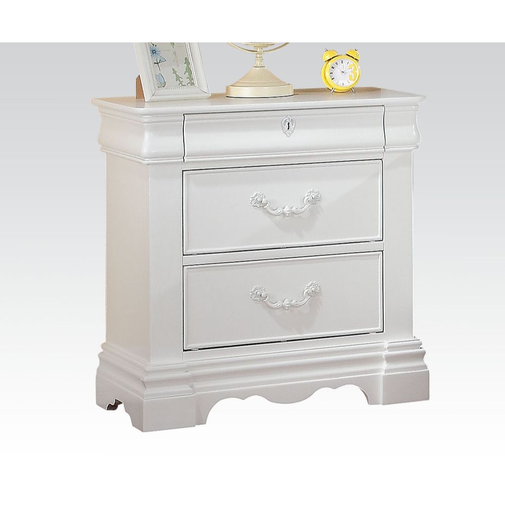 White wooden nightstand with two drawers featuring ornate pulls and decorative molding