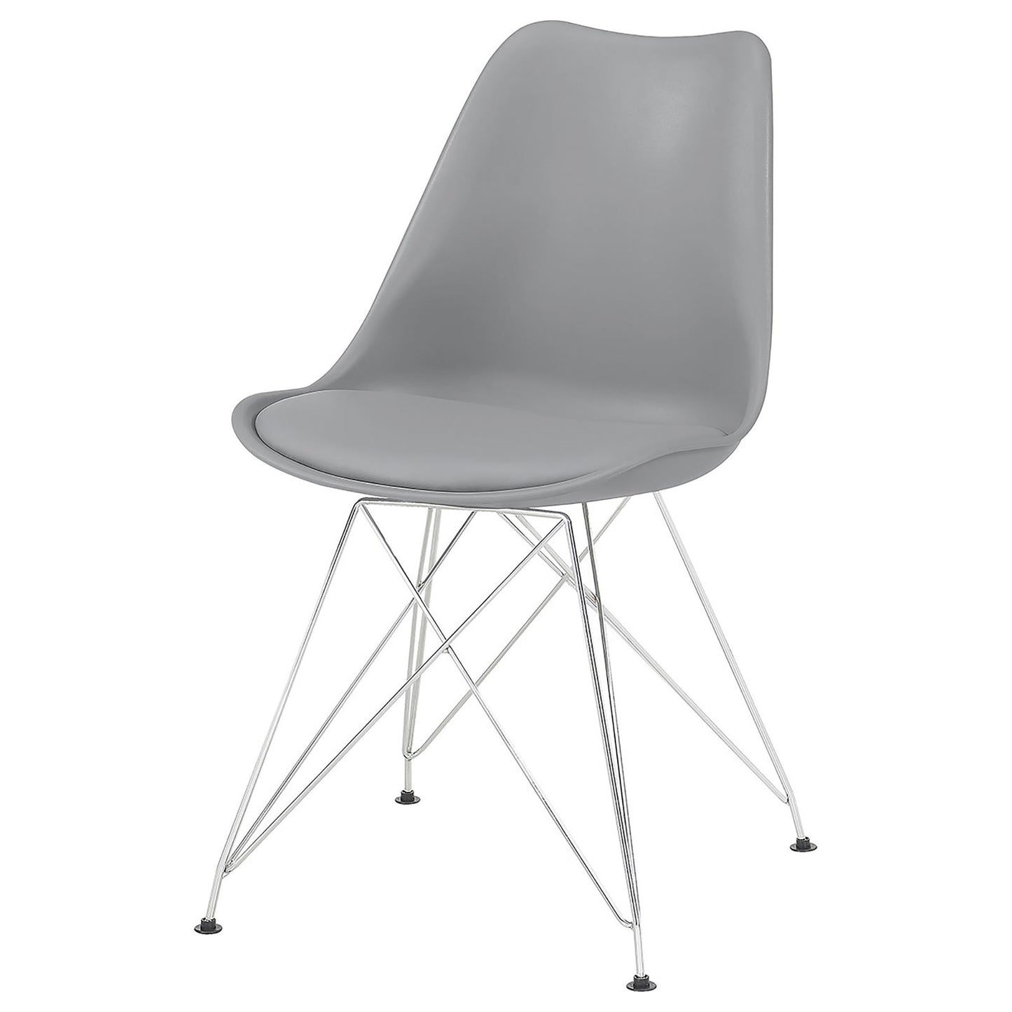 Grey molded plastic chair with silver wire base a stylish accent for any modern dining room