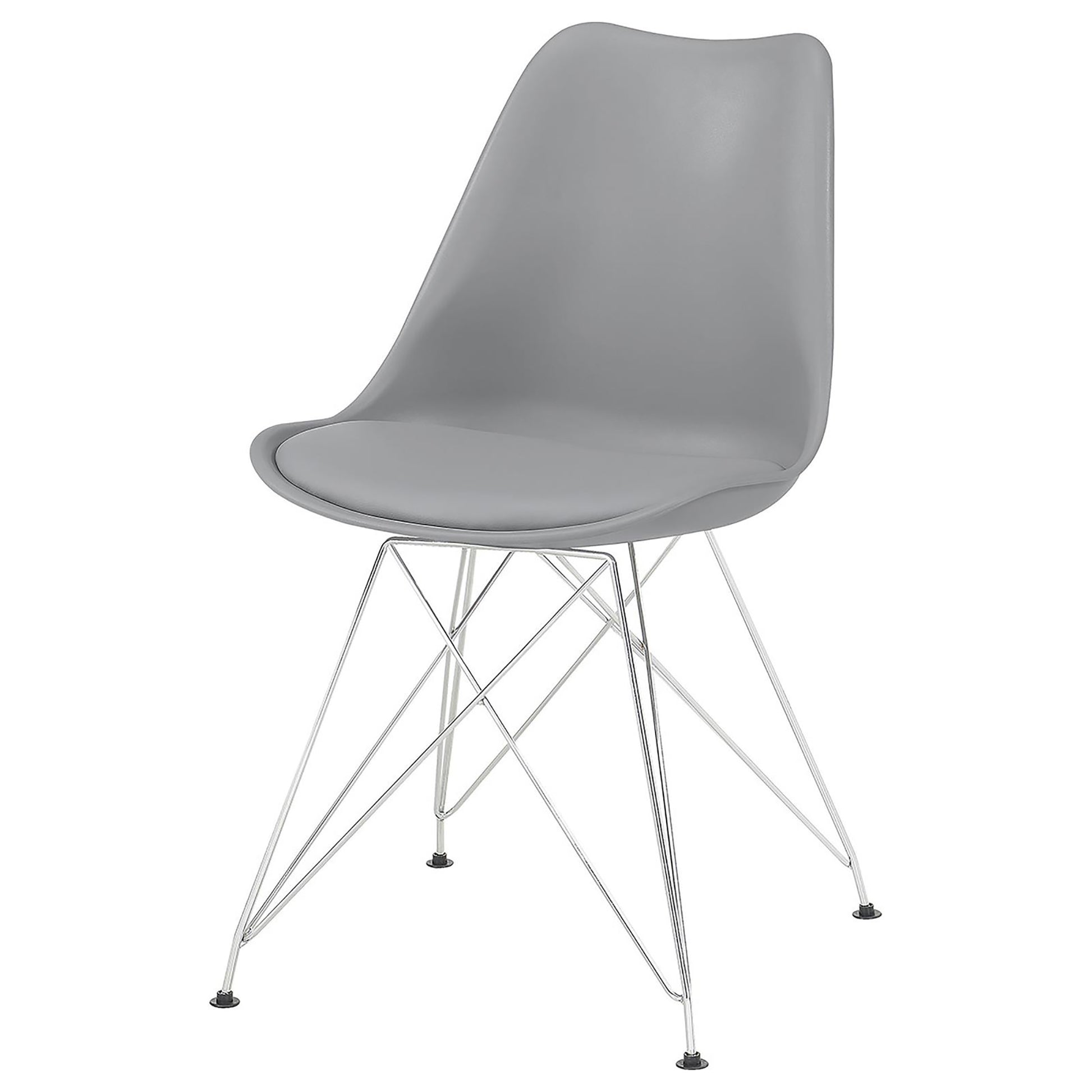 Grey molded plastic chair with silver wire base a stylish accent for any modern dining room