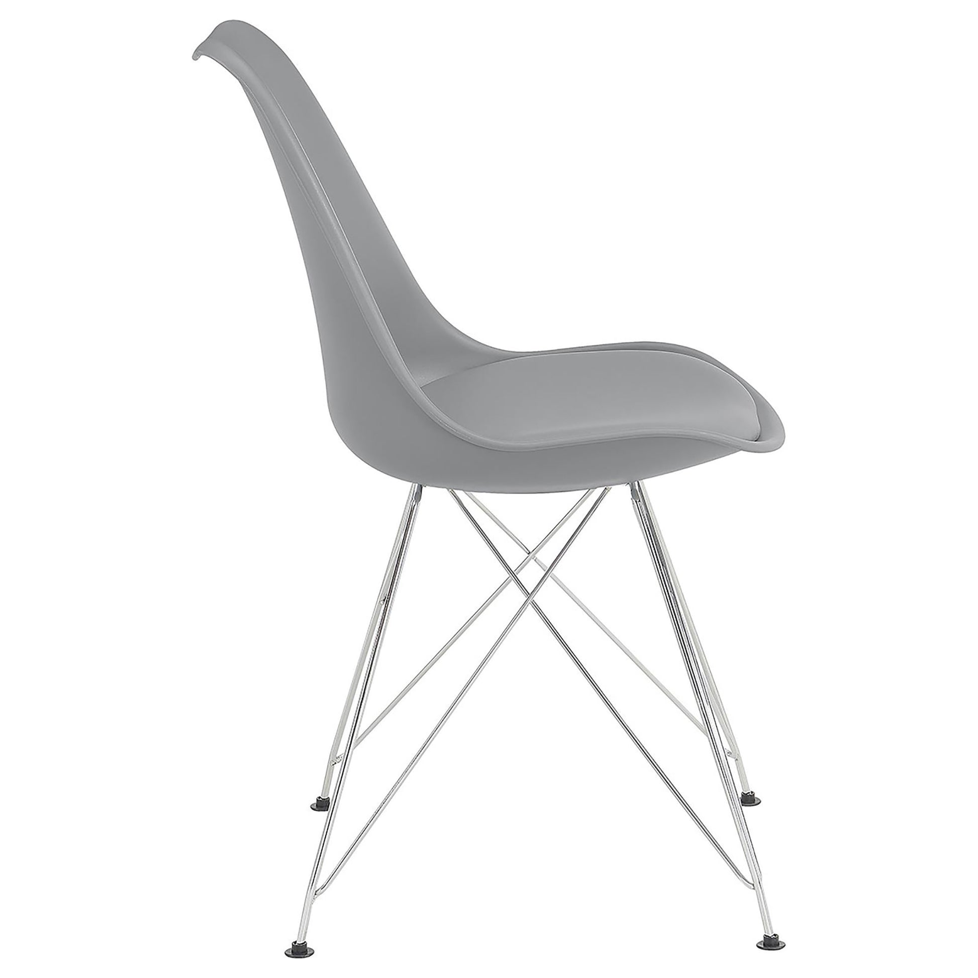 Modern grey molded plastic chair with chrome wire base