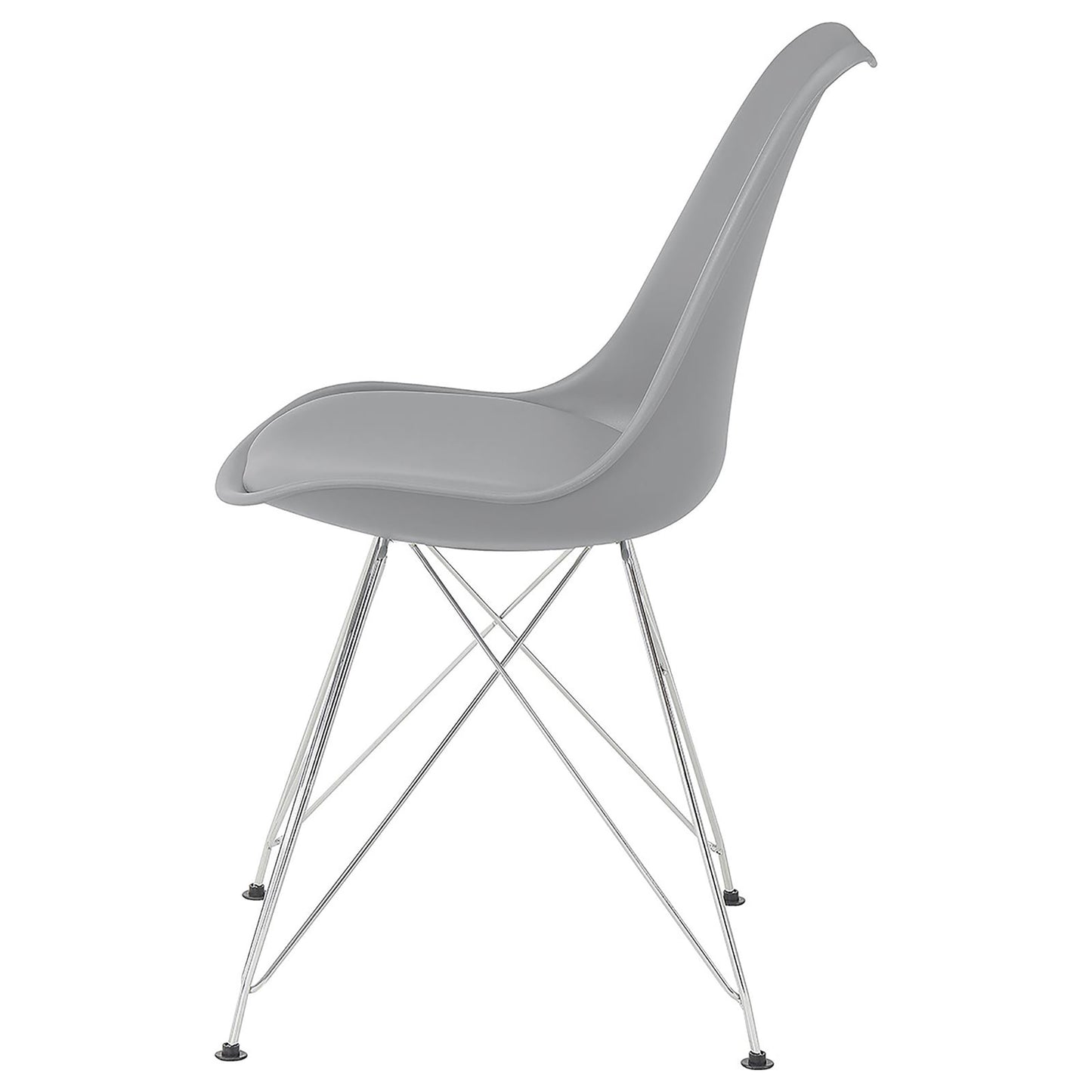 Grey molded plastic dining chair with polished chrome Eiffel base
