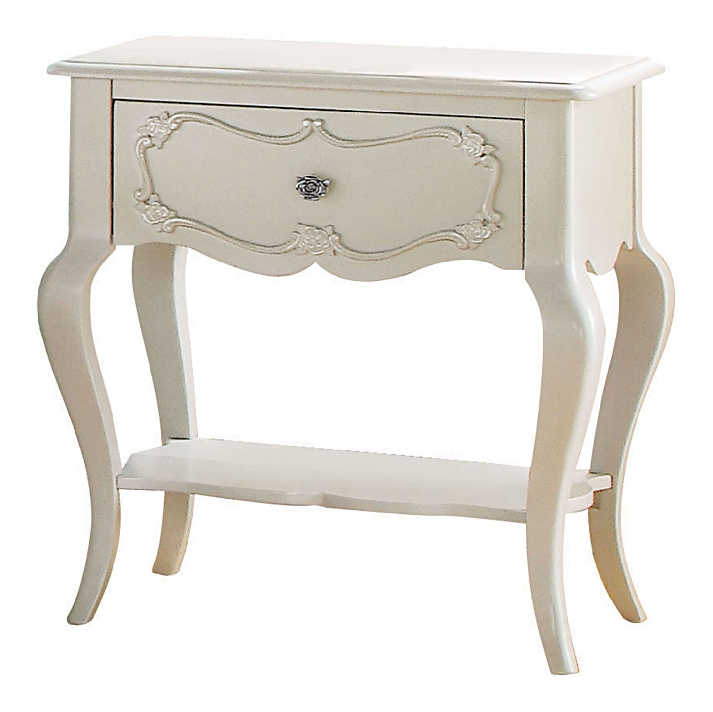 Antique white wooden bedside table with ornate drawer detail and cabriole legs