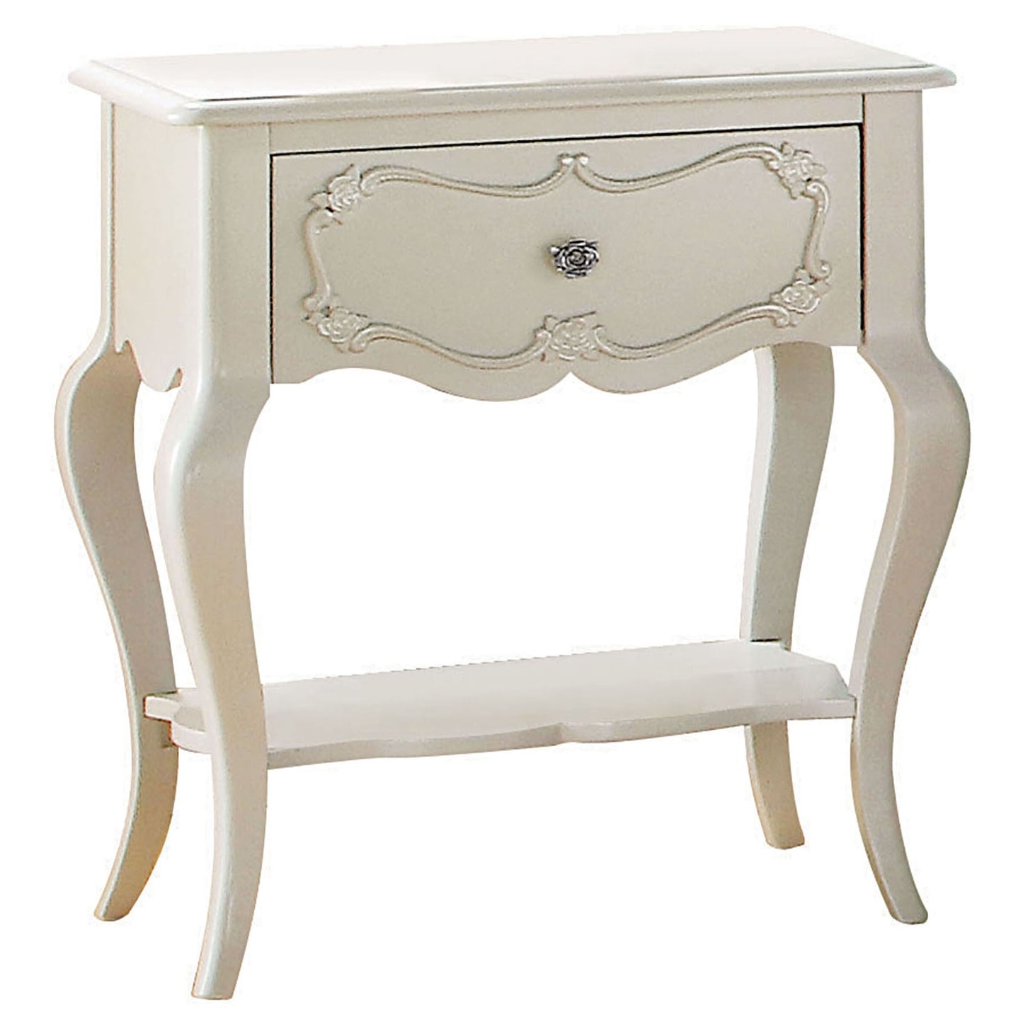 Ornate cream vintage bedside table with carved drawer and shelf