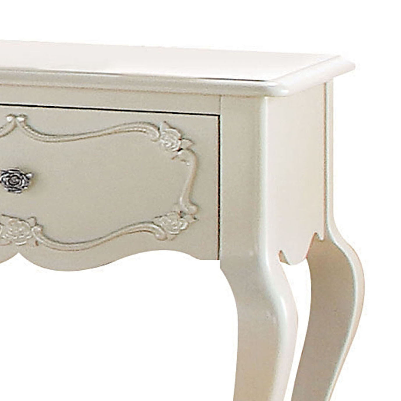 Cream ornate dresser drawer with rose pull antique bedside table accent