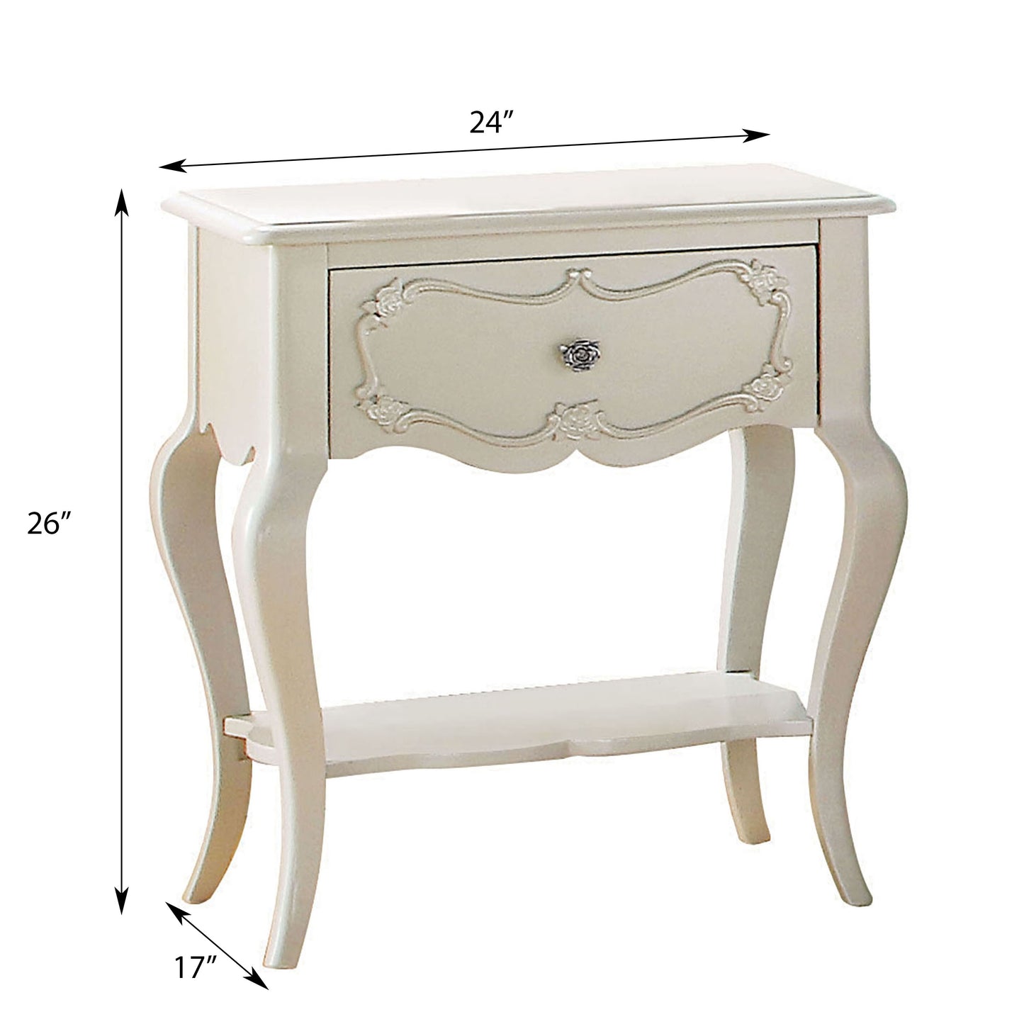 Cream distressed wood bedside table with ornate drawer detail and curved legs