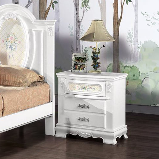 White ornate nightstand with floral inlay and three drawers