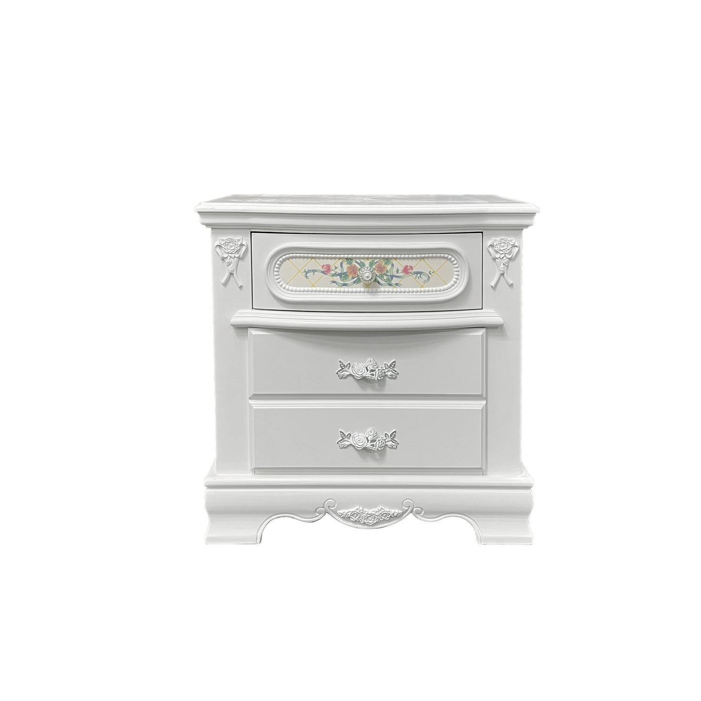 White vintage nightstand with floral drawer pull and decorative trim