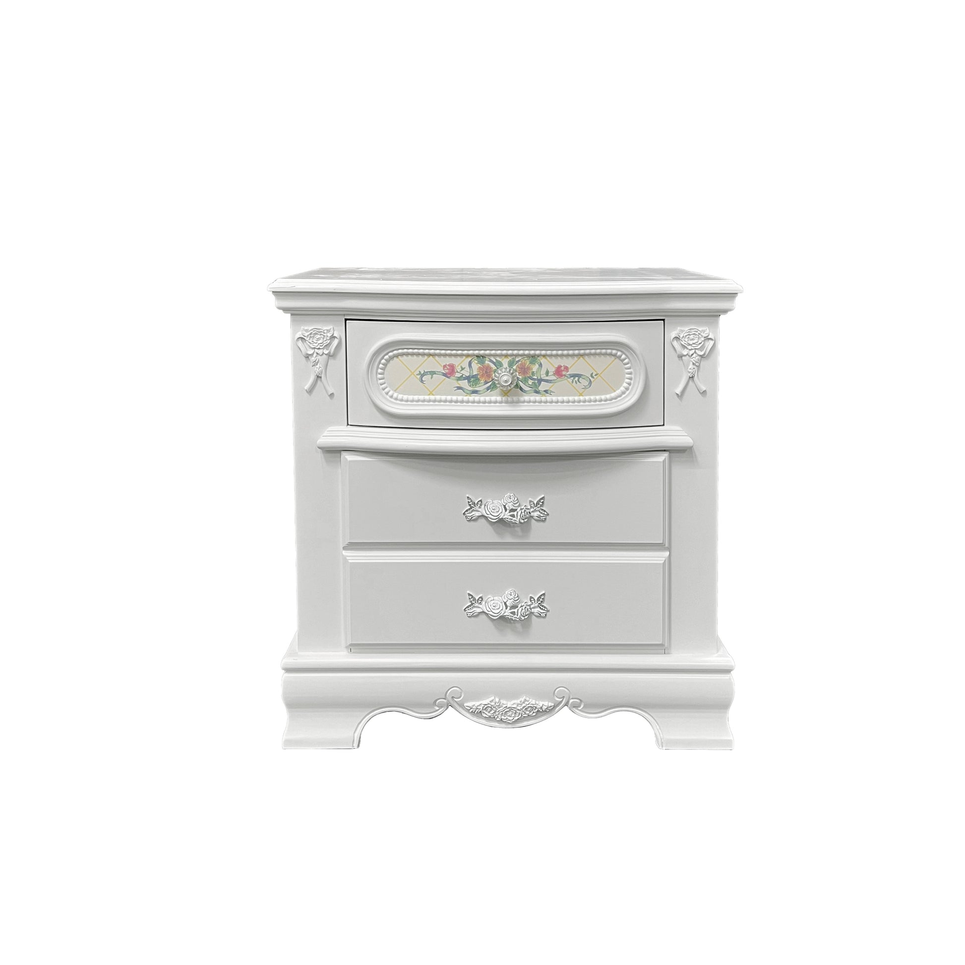 White vintage nightstand with floral drawer pull and decorative trim