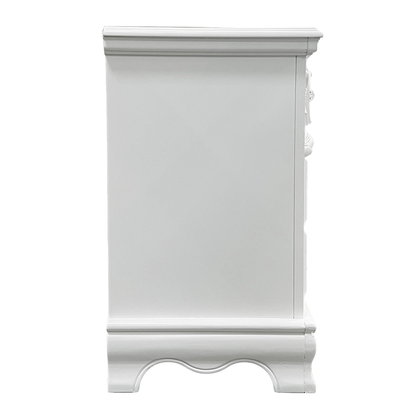 Classic white wood dresser with ornate carved detailing and decorative base perfect for bedroom storage