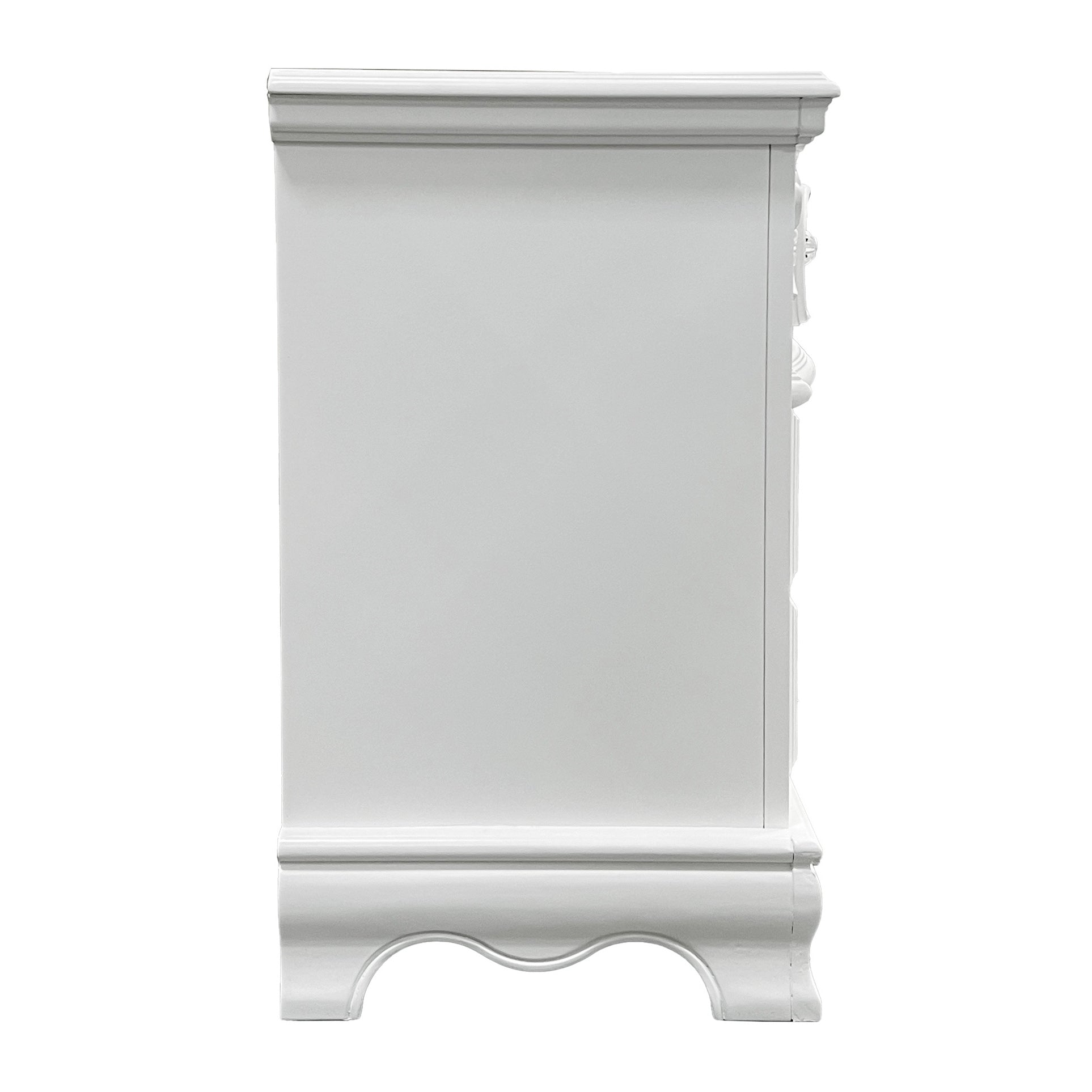 Classic white wood dresser with ornate carved detailing and decorative base perfect for bedroom storage