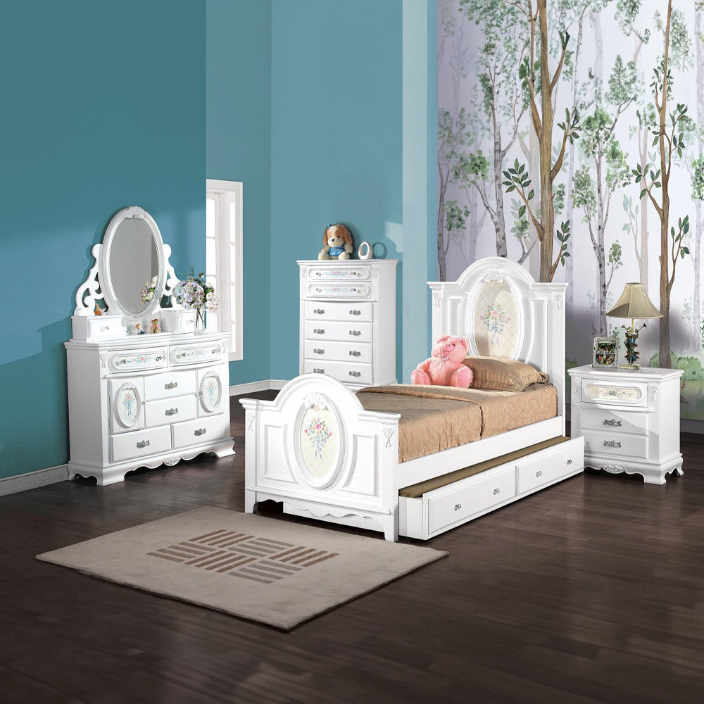 Elegant white twin bed with pullout trundle perfect for kids room