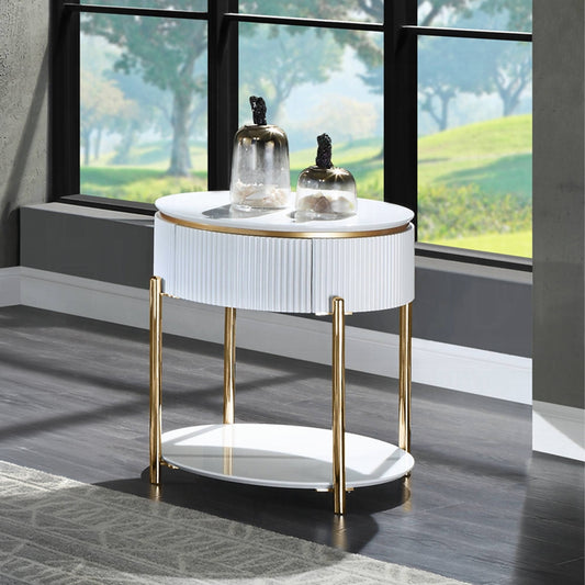 White oval end table with fluted details and gold legs