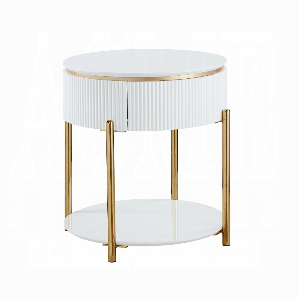 Modern white round end table with fluted drawer front and gold legs