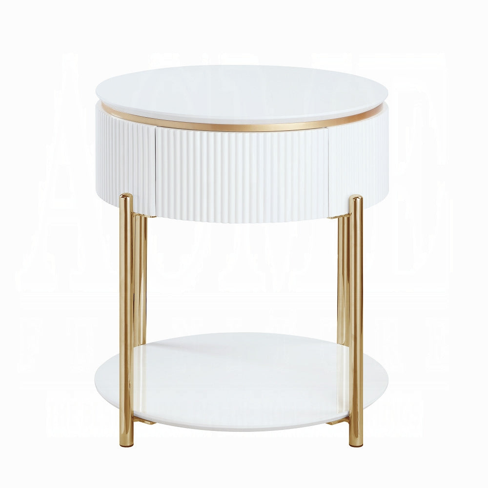 White fluted round side table with gold accents and legs